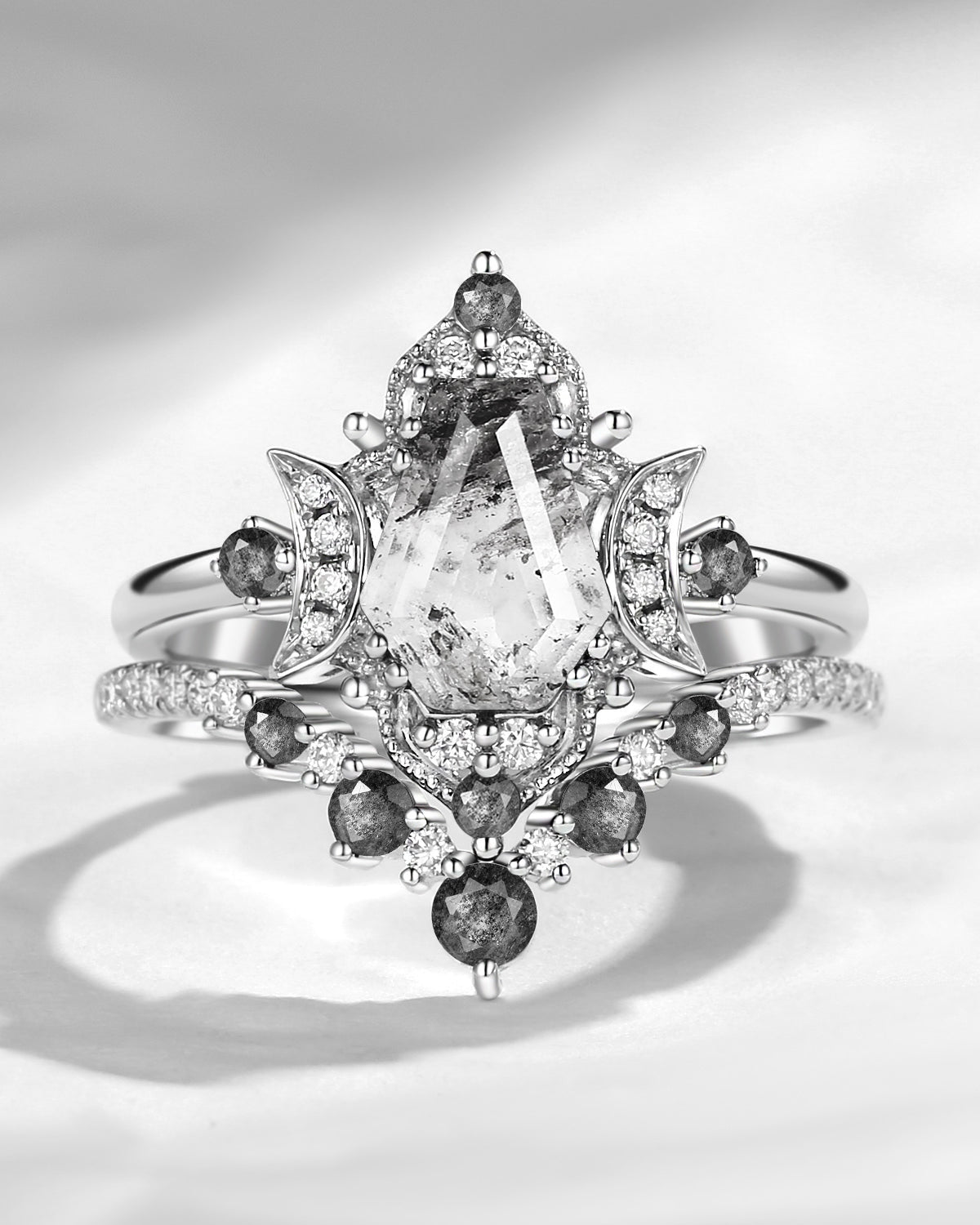 Crescent Moon | Unique Coffin Cut Herkimer Diamond Moon Inspired Engagement Ring Bridal Set 2pcs