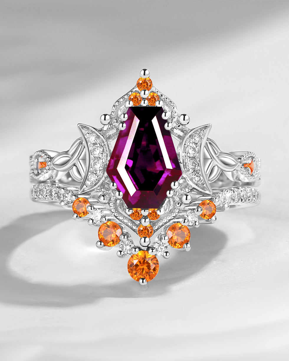 Crescent Moon | Unique Coffin Cut Purple Garnet Celtic Moon Engagement Ring Set 2pcs