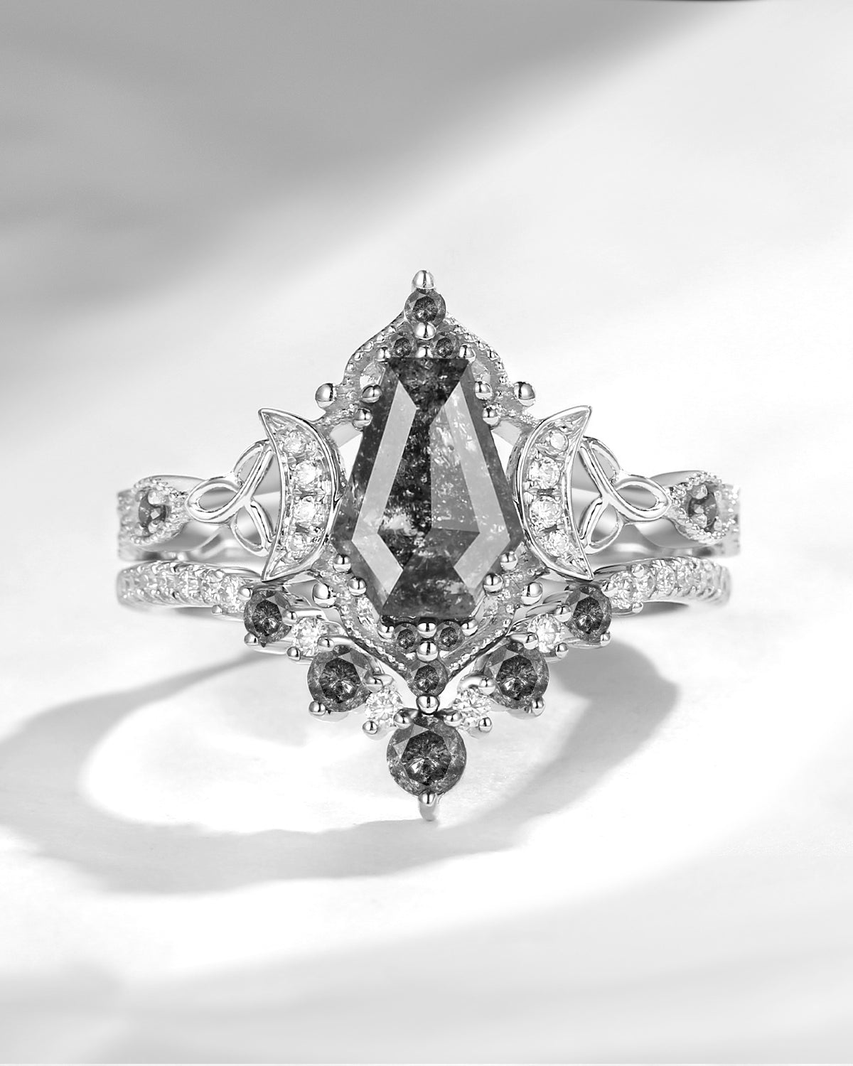 Crescent Moon | Unique Coffin Cut Salt And Pepper Diamond Infinity Celtic Engagement Ring Set 2pcs