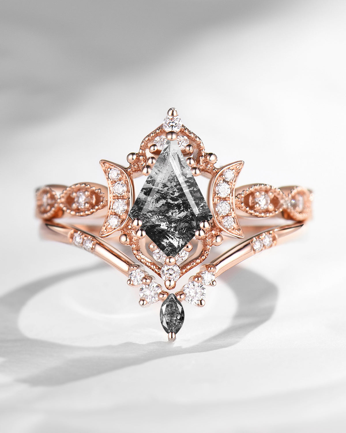 Crescent Moon | Unique Kite Cut Herkimer Diamond Engagement Ring Set 2pcs - Luna