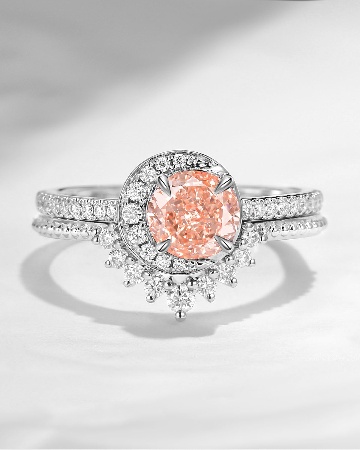 Crescent Moon | Unique Pink Lab Diamond Engagement Ring Set 2pcs - Full Moon