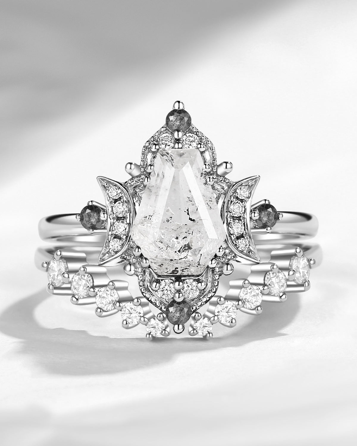 Crescent Moon | Unique Vintage Style Coffin Cut Herkimer Diamond Retro Engagement Ring Set 2pcs