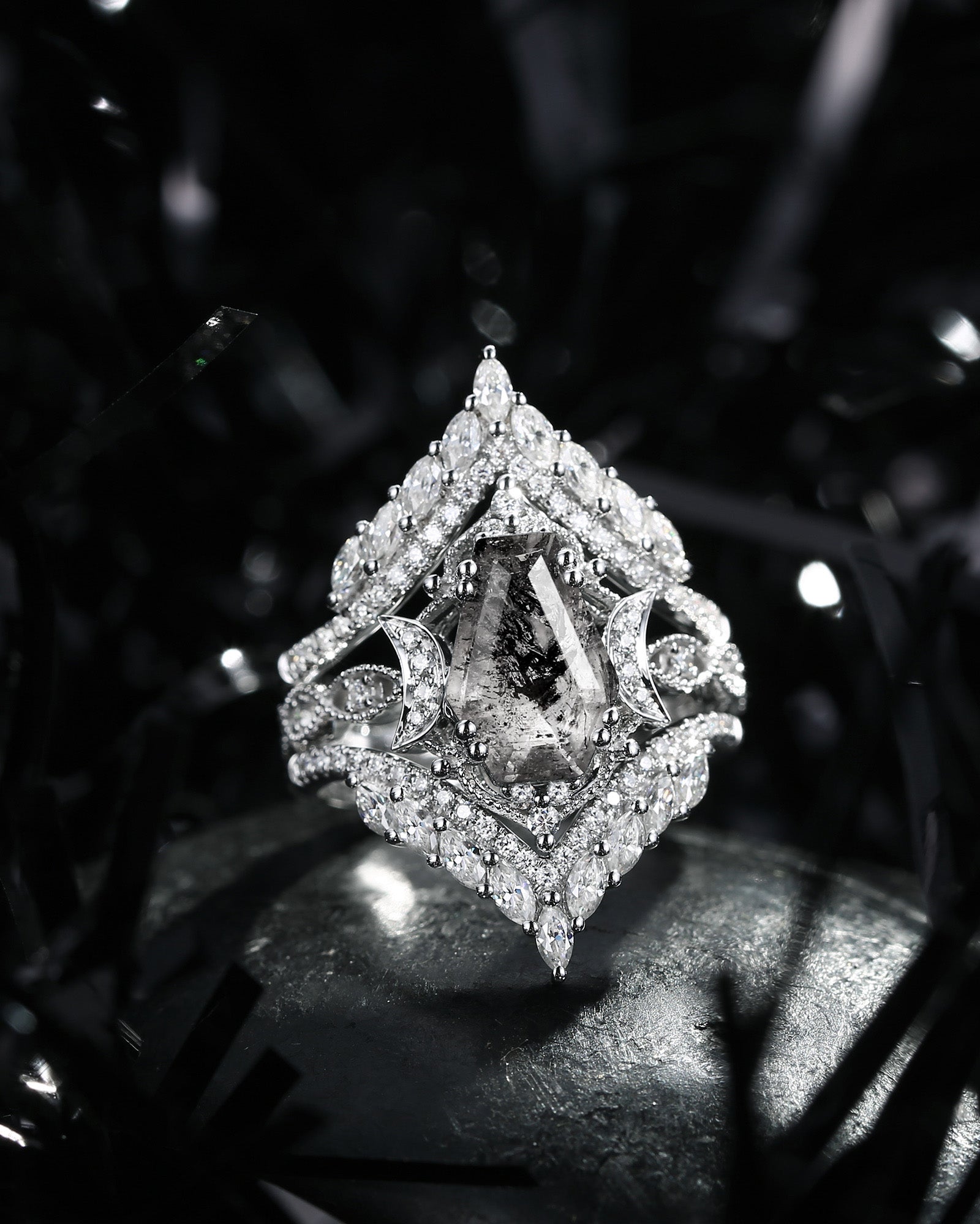 Crescent Moon | Vintage Coffin Herkimer Diamond Engagement Ring Jacket 2pcs - Guardian Angel