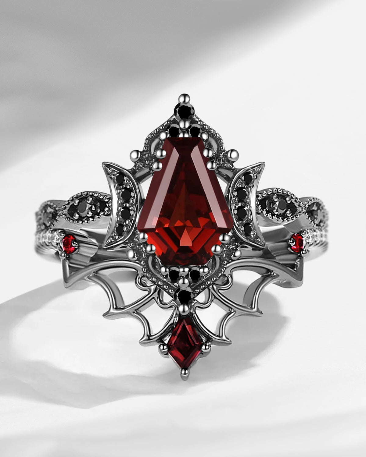 Crescent Moon | Vintage Inspired Coffin Cut Garnet Black Gold Engagement Ring Set 2pcs