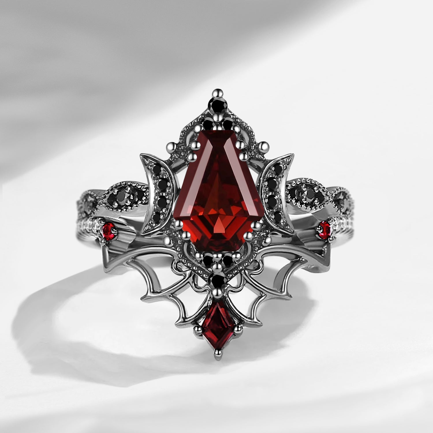 Crescent Moon | Vintage Inspired Coffin Cut Garnet Black Gold Engagement Ring Set 2pcs