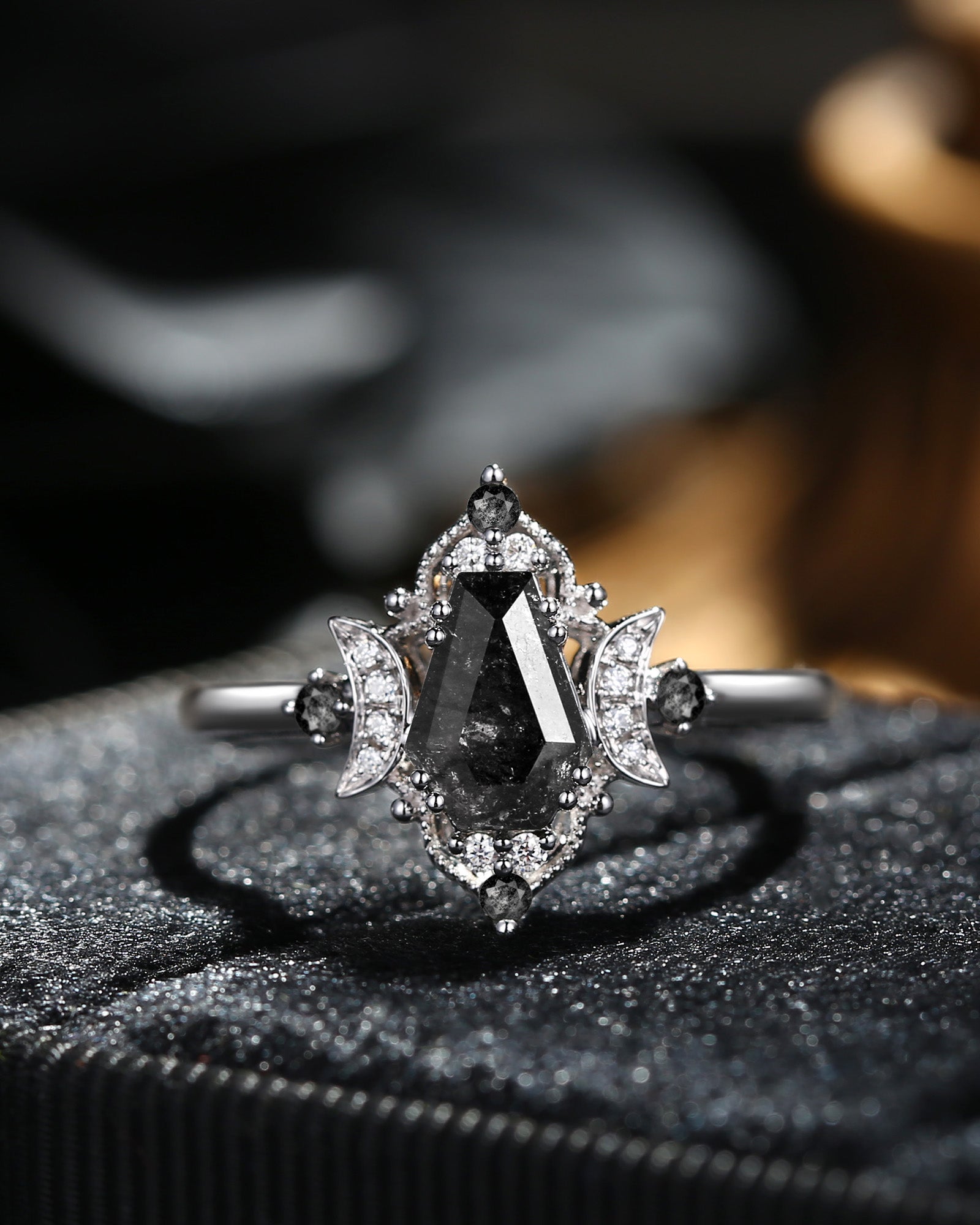Crescent Moon | Vintage Inspired Coffin Cut Herkimer Diamond 'Evermore' Gothic Engagement Ring