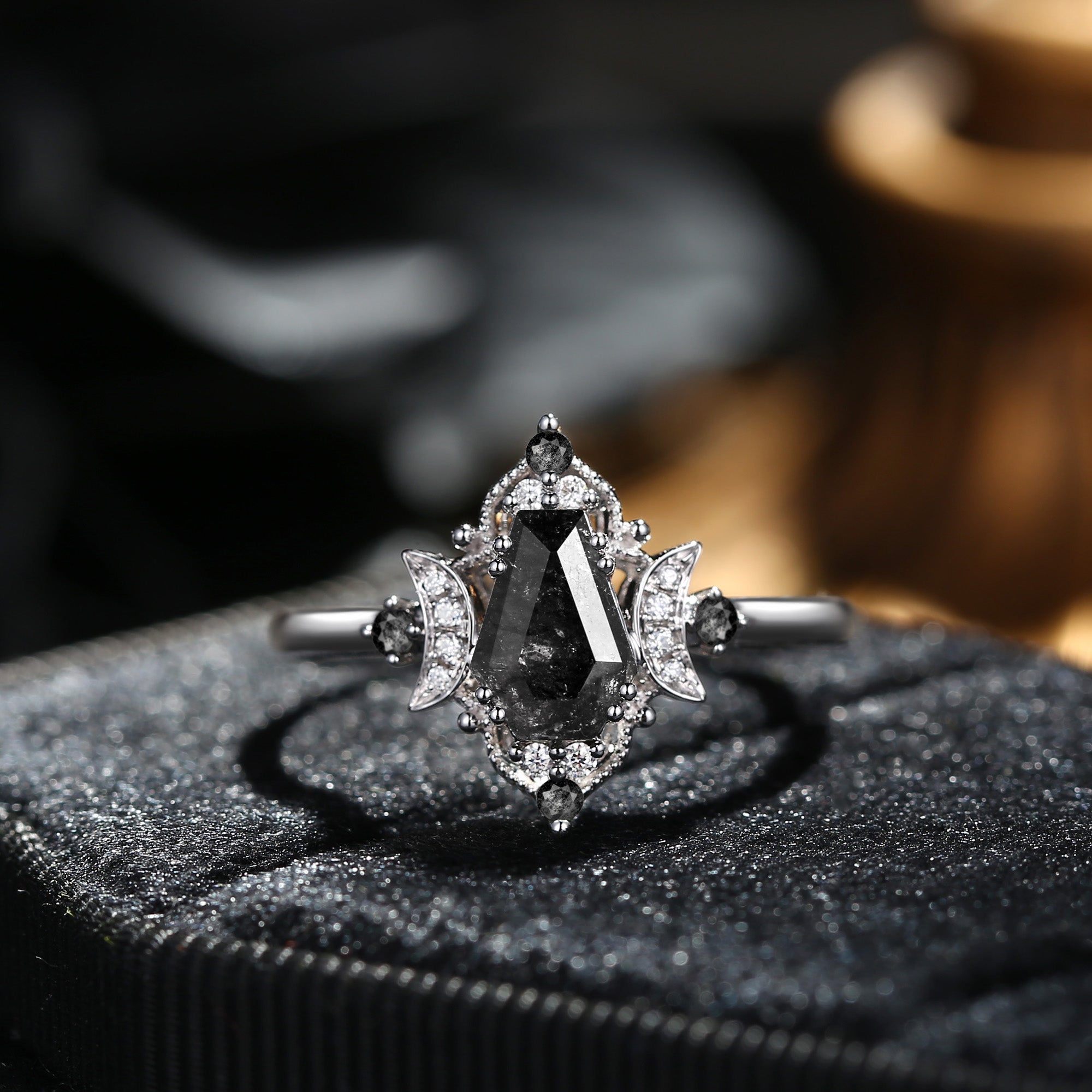Crescent Moon | Vintage Inspired Coffin Cut Herkimer Diamond 'Evermore' Gothic Engagement Ring
