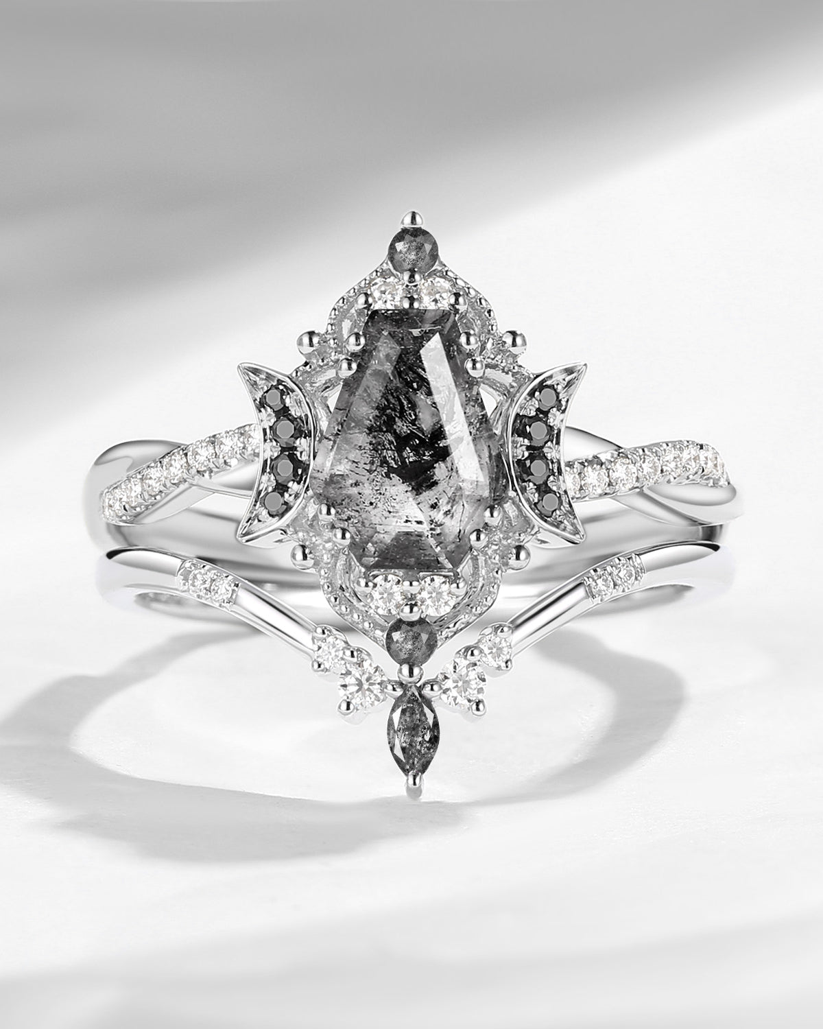 Crescent Moon | Vintage Inspired Infinity Coffin Cut Herkimer Diamond & Black Moissanite Engagement Ring Set 2PCS - Alexandria