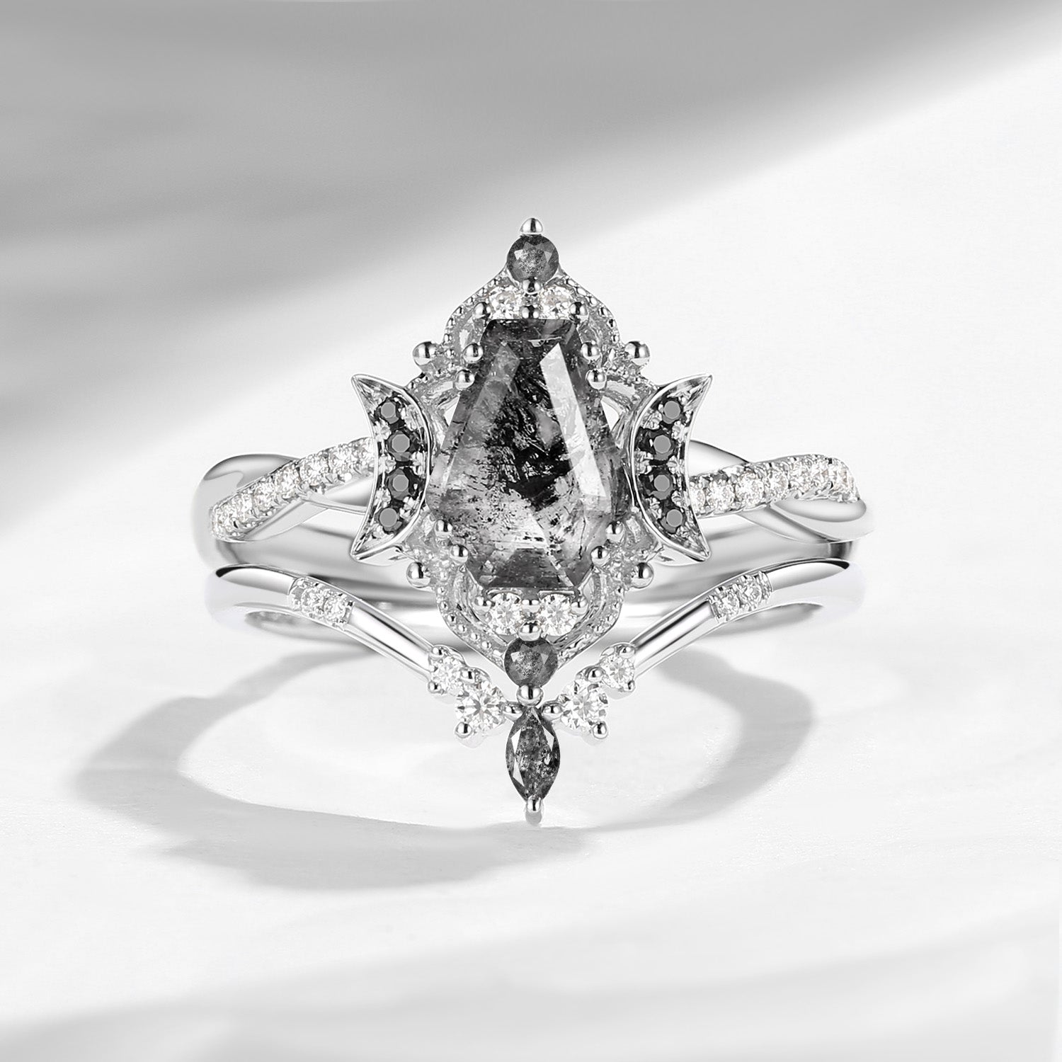 Crescent Moon | Vintage Inspired Infinity Coffin Cut Herkimer Diamond & Black Moissanite Engagement Ring Set 2PCS - Alexandria