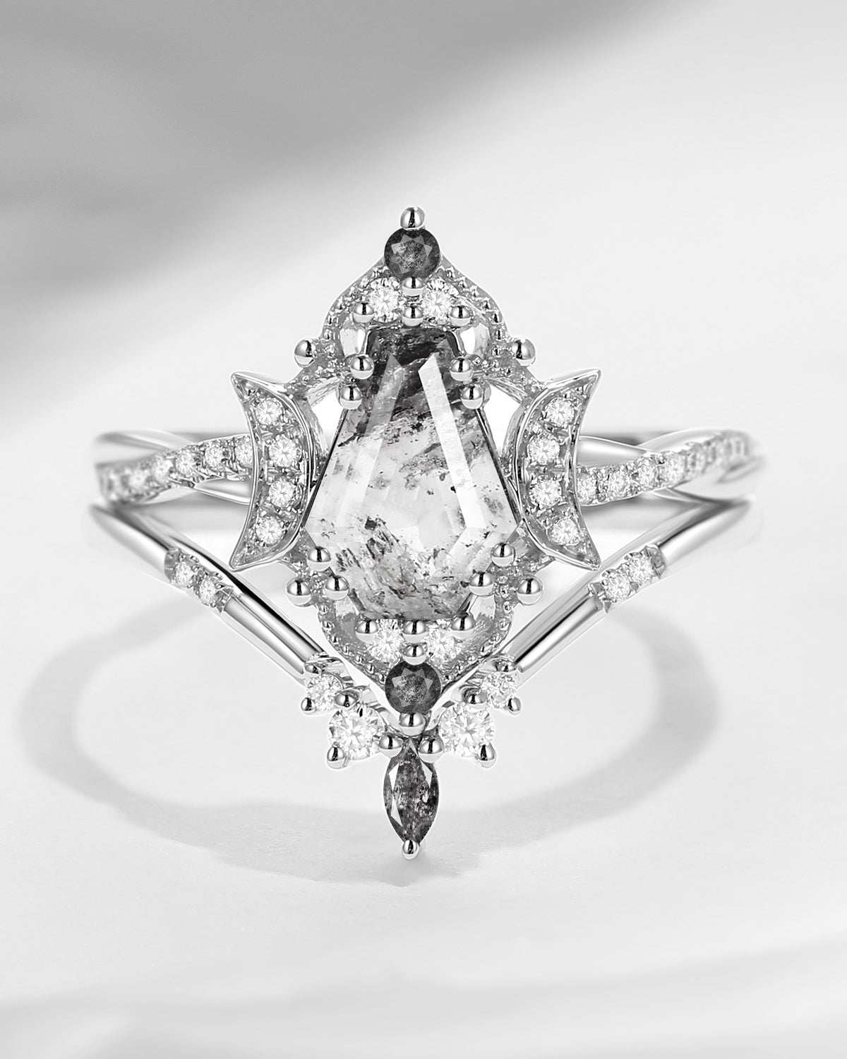 Crescent Moon | Vintage Inspired Infinity Coffin Herkimer Diamond Engagement Ring Set 2PCS - Alexandria