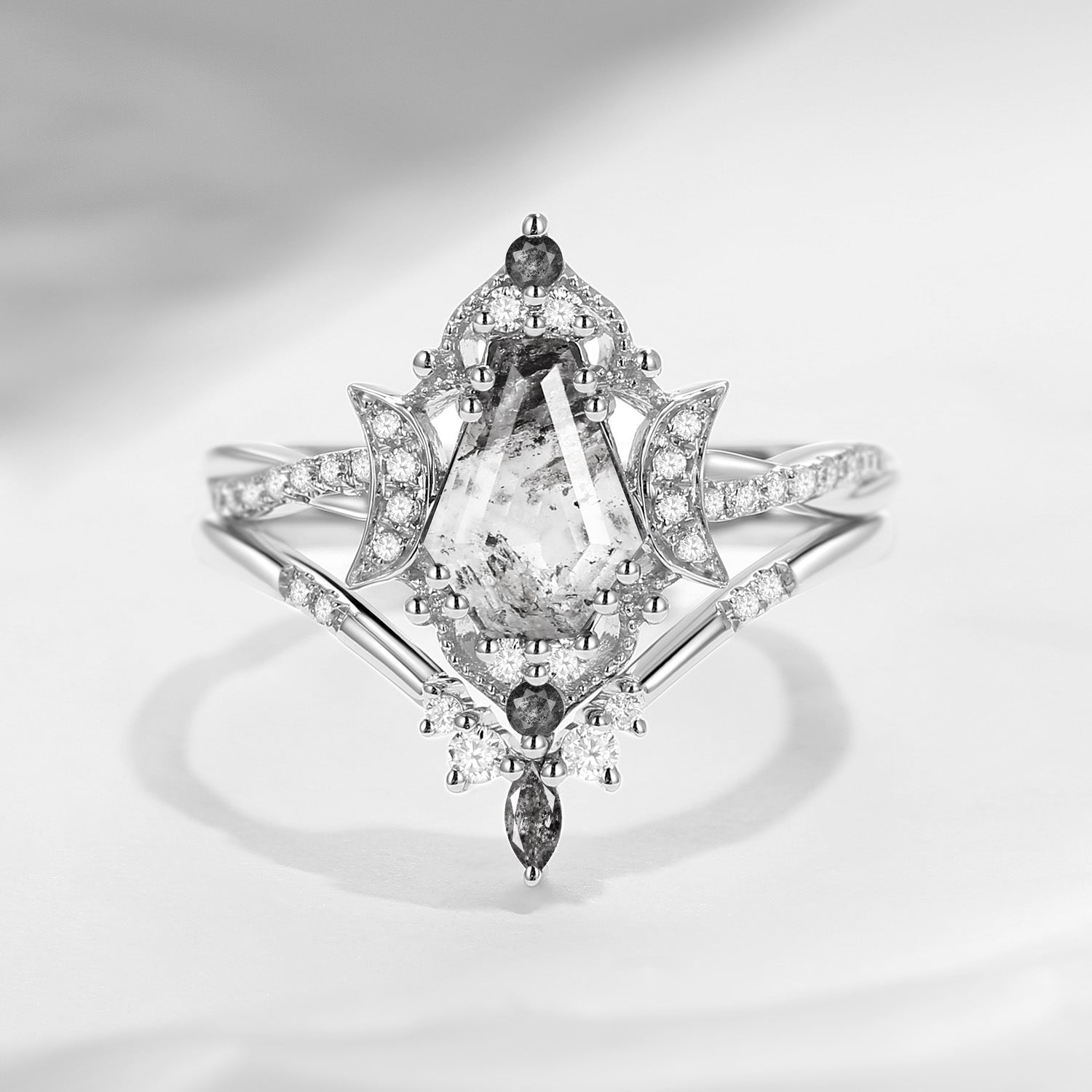 Crescent Moon | Vintage Inspired Infinity Coffin Herkimer Diamond Engagement Ring Set 2PCS - Alexandria