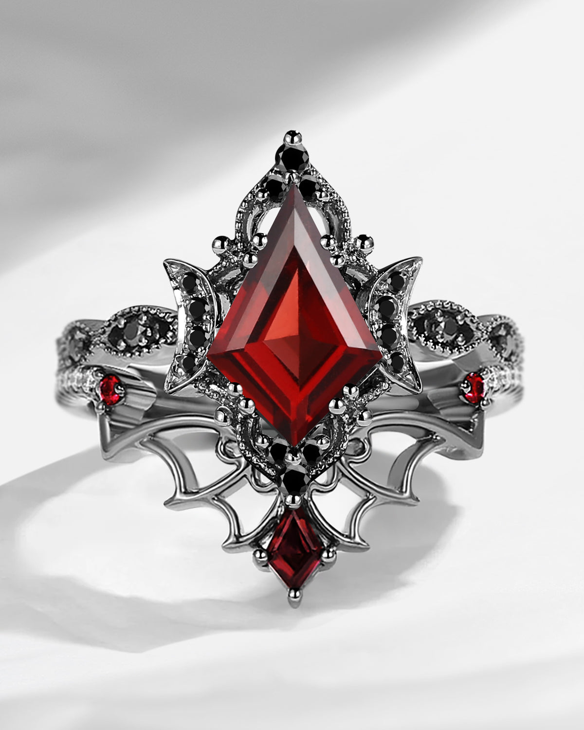 Crescent Moon | Vintage Inspired Kite Cut Garnet Black Gold Engagement Ring Set 2pcs