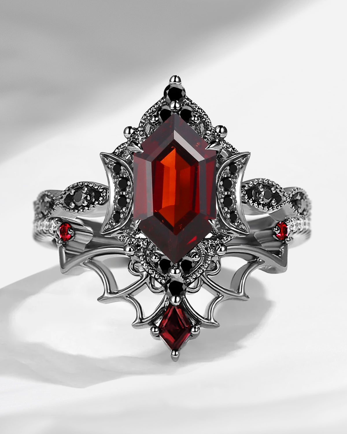 Crescent Moon | Vintage Inspired Long Hexagon Cut Garnet Black Gold Engagement Ring Set 2pcs