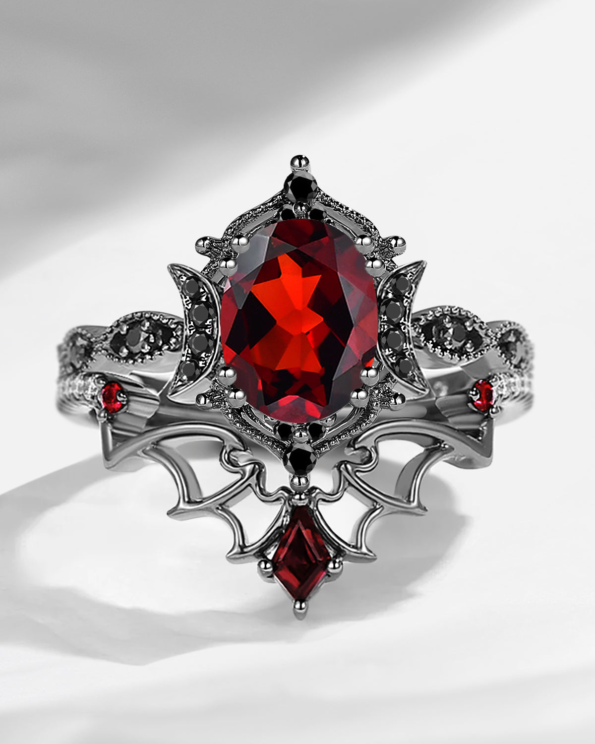 Crescent Moon | Vintage Inspired Oval Cut Garnet Black Gold Engagement Ring Set 2pcs