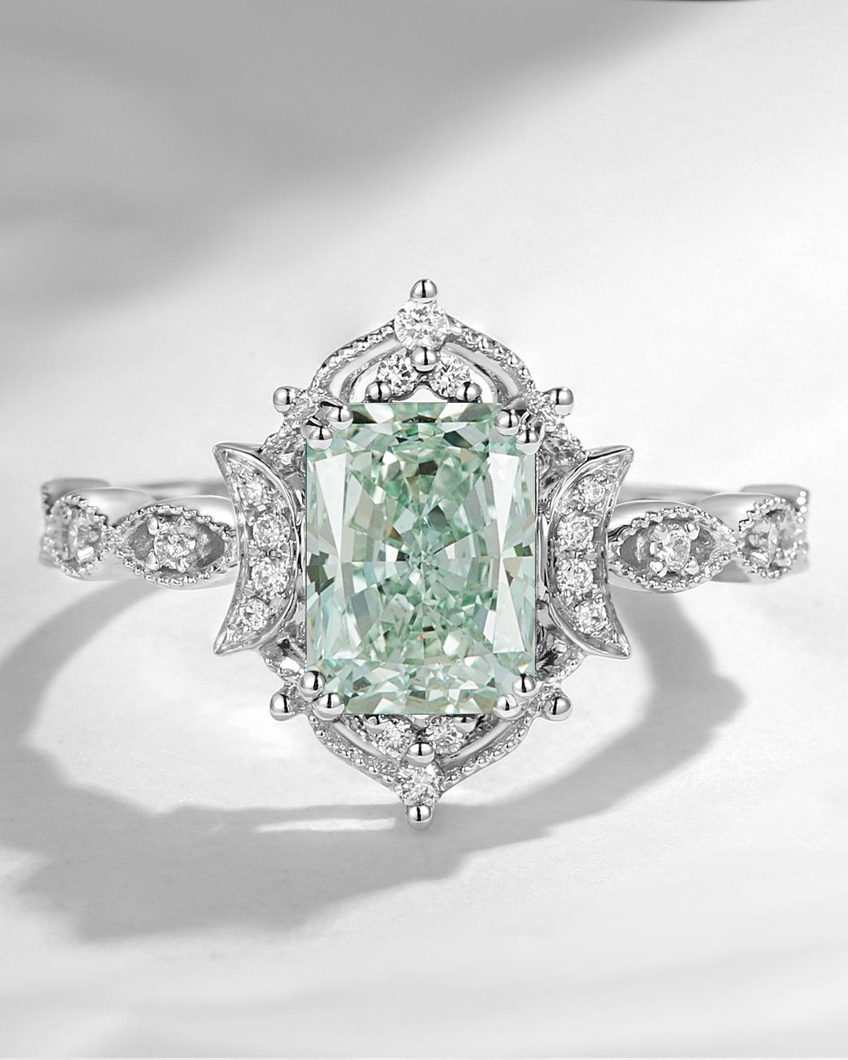 Crescent Moon | Vintage Style Green Lab Diamond Engagement Ring