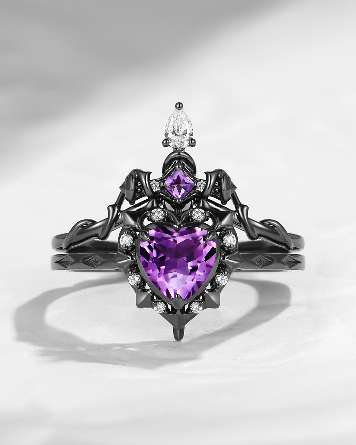 'Cupid's Arrow' - Heart Shaped Amethyst Heart Sword Ring Alternative Bridal Set