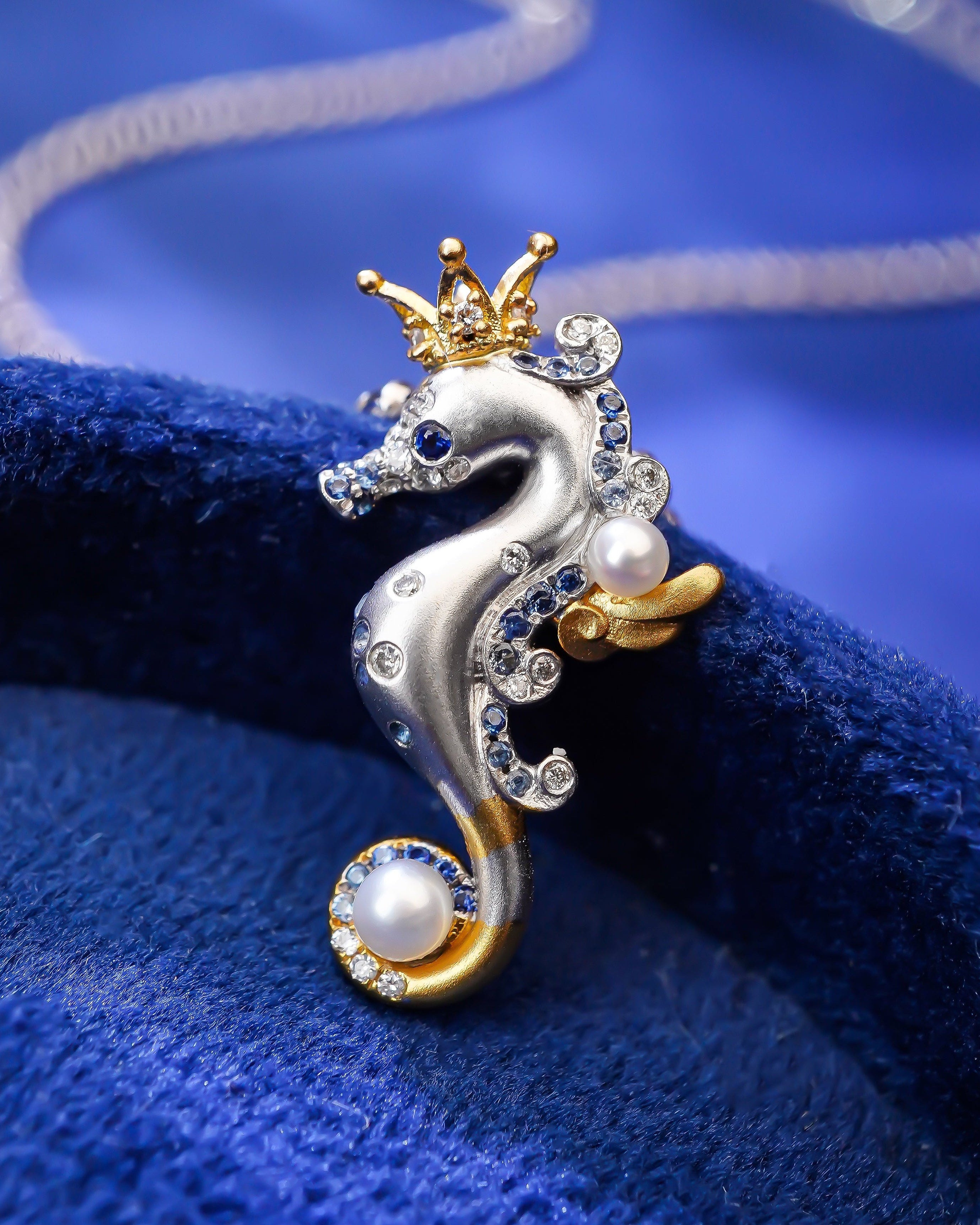 Art Deco Sapphire Freshwater Pearl Sea Horse Inspired Necklace - Ocean Fantasy