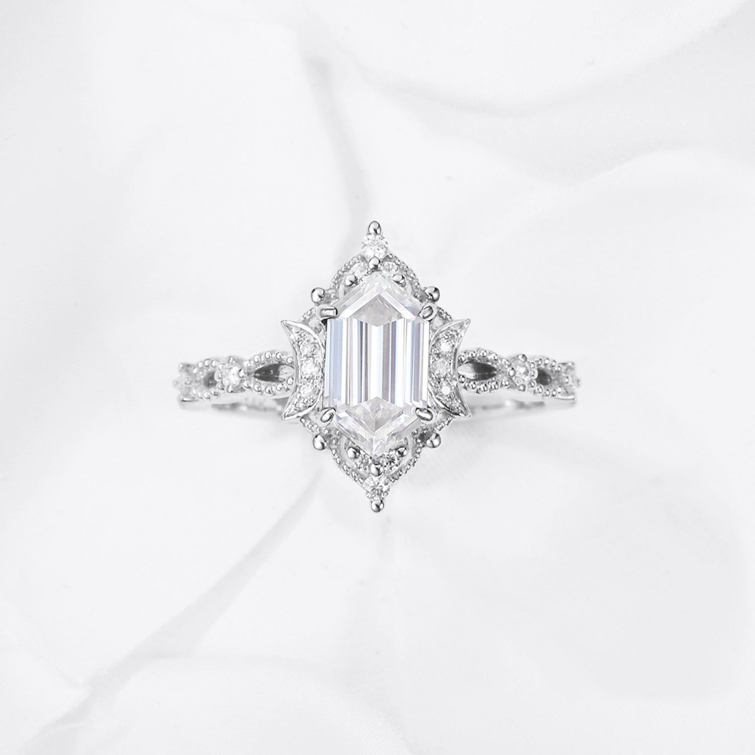 Crescent Moon | Fancy Long Hexagon Moissanite Engagement Ring
