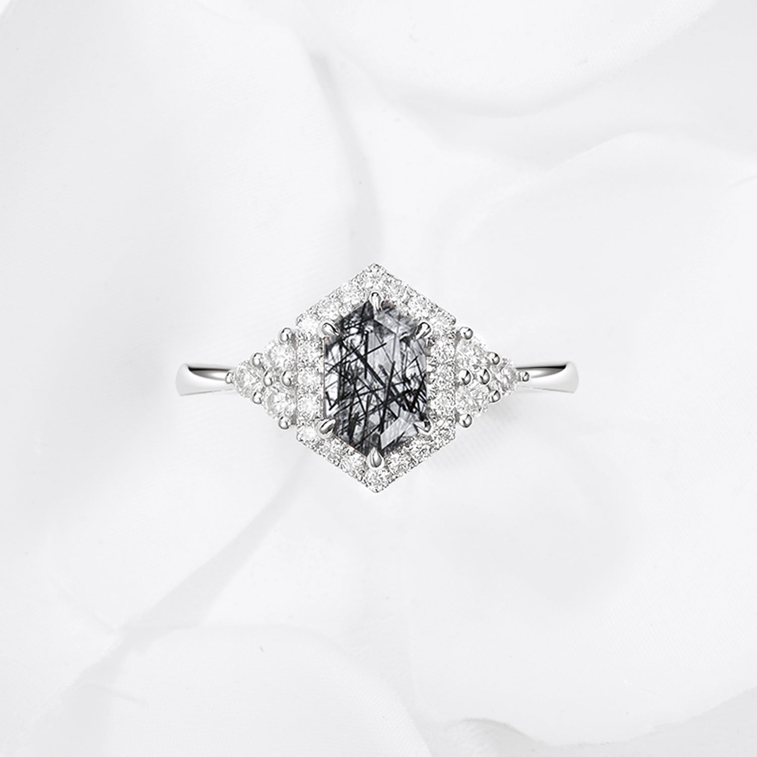 Unique Black Rutilated Quartz Halo Engagement Ring In Hexagon