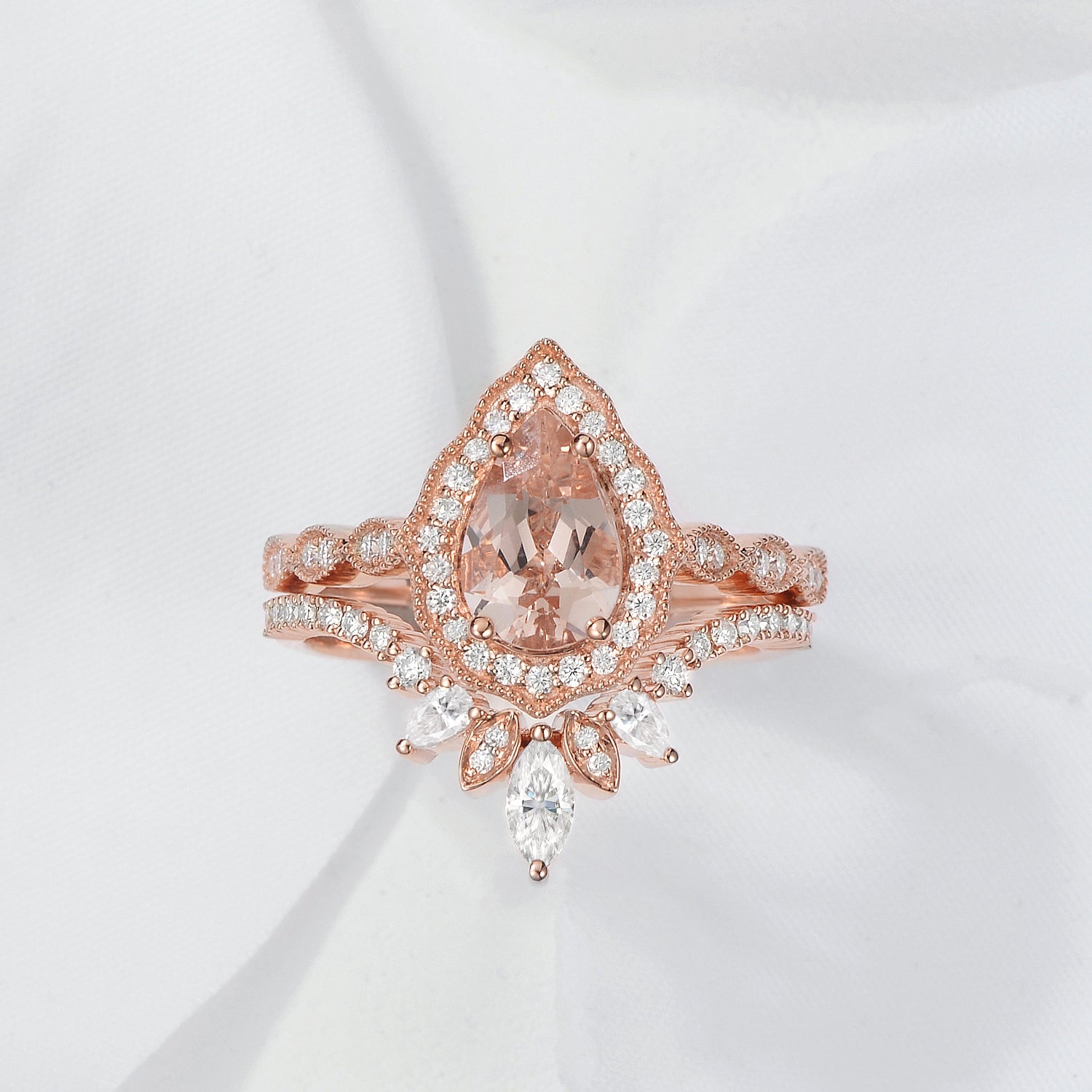 Vintage Morganite Engagement Ring Set 2pcs