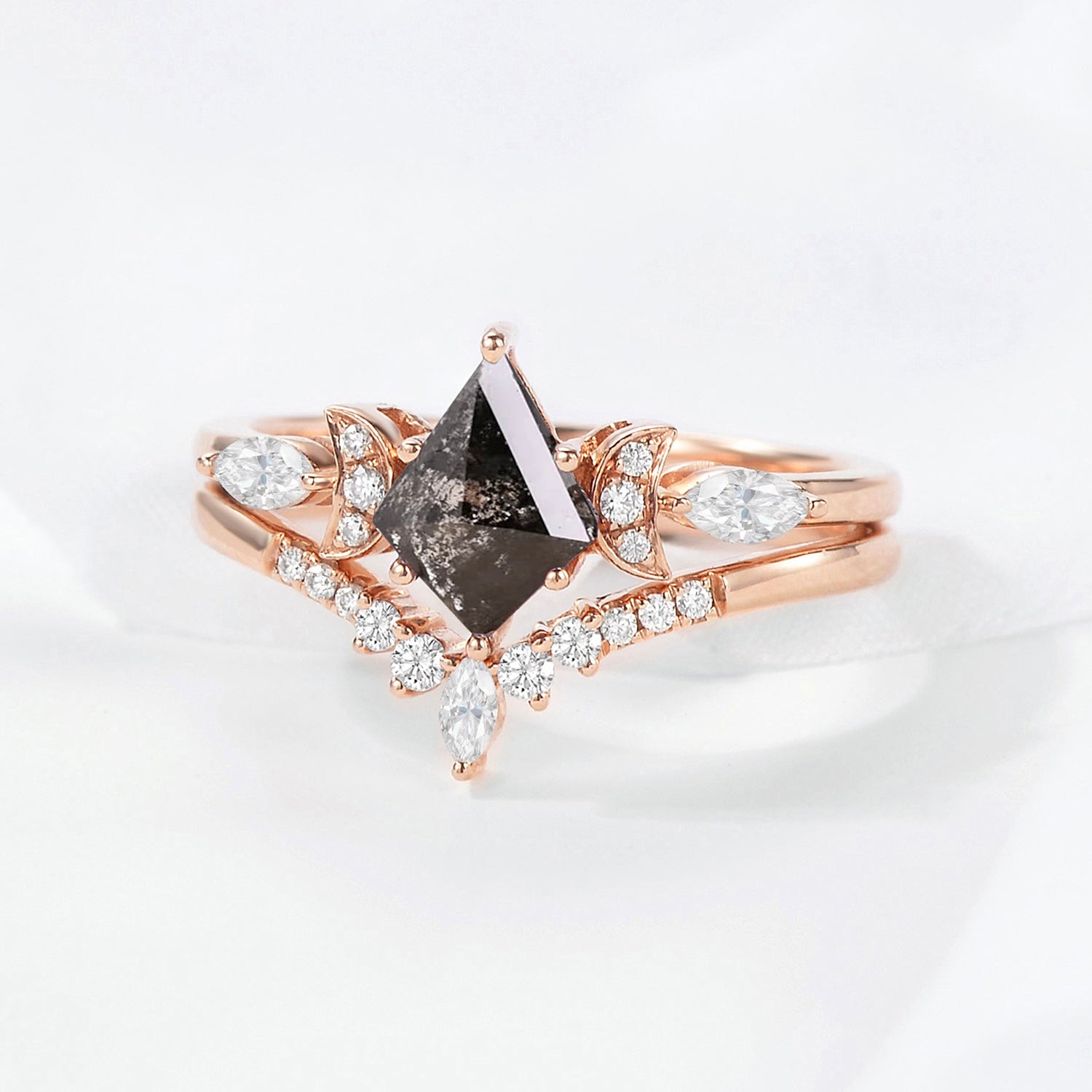 Crescent Moon | Kite Cut Salt And Pepper Diamond Triple Marquise Engagement Ring Set 2pcs