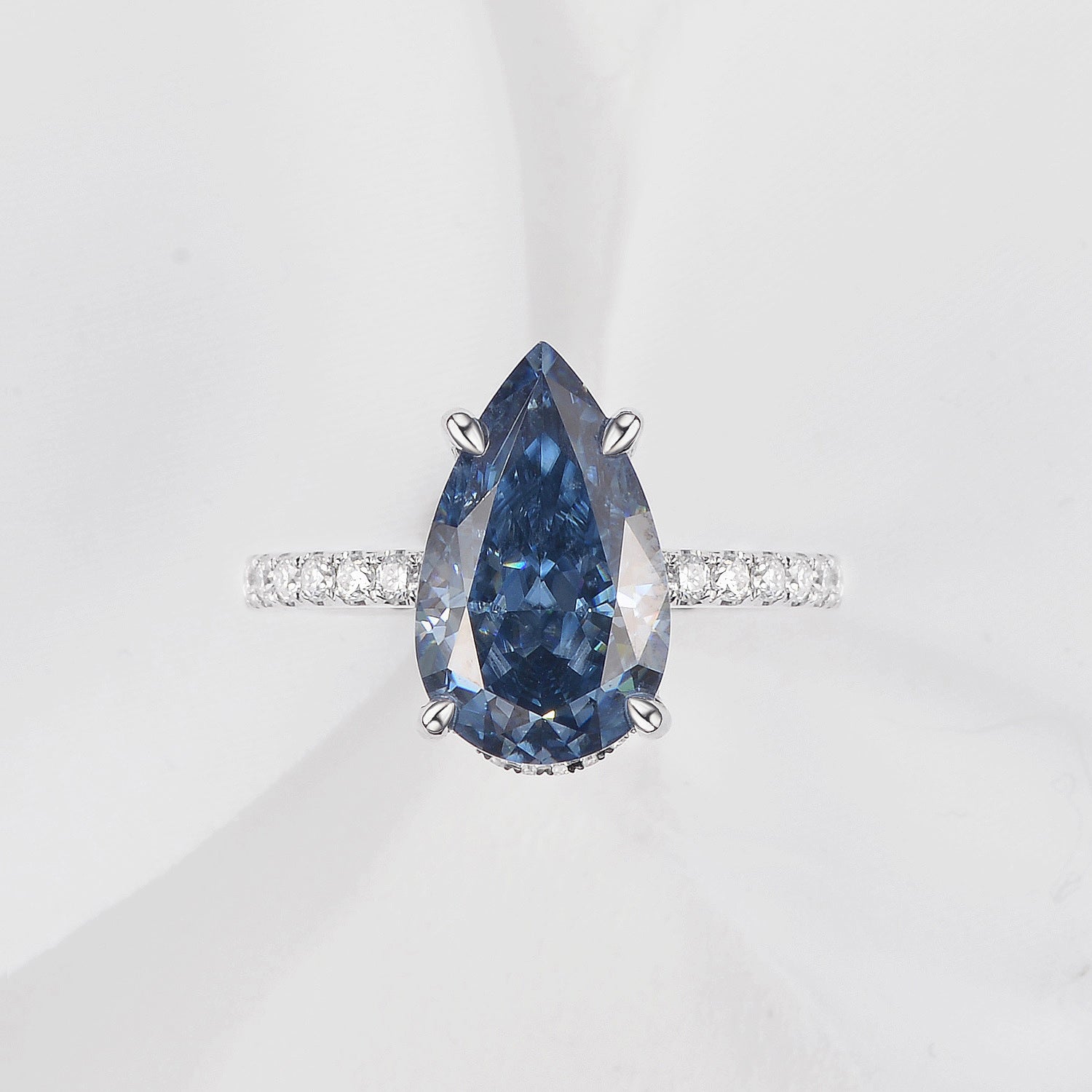 4.5ct Pear Cut Blue Moissanite Solitaire Pavé Engagement Ring
