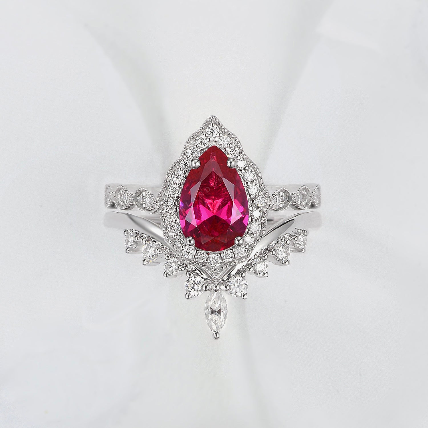Vintage Lab Ruby Engagement Ring Set 2pcs