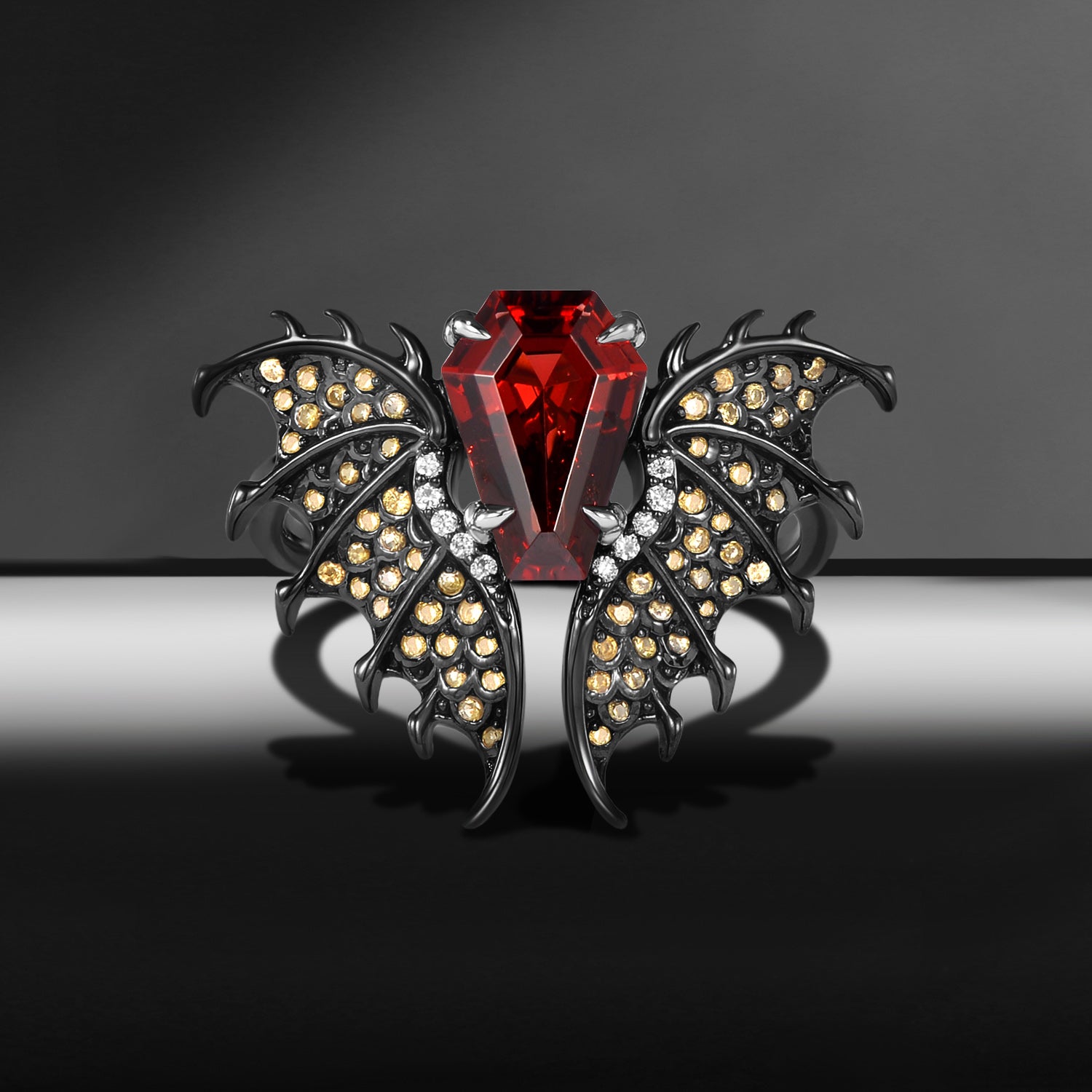 Gothic Dragon Inspired Coffin Garnet Non-Traditional Loong Black Gold Bridal Set 2pcs - Dragon Ring