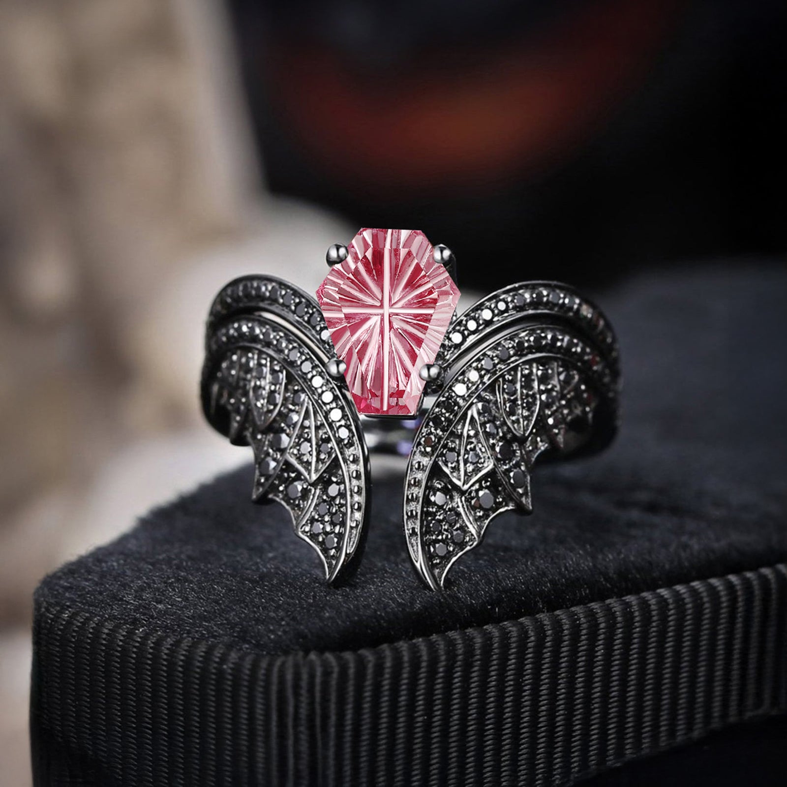 Firework Cut Natural Pink Tourmaline Coffin Black Gold Bridal Set 2pcs - Bat Ring