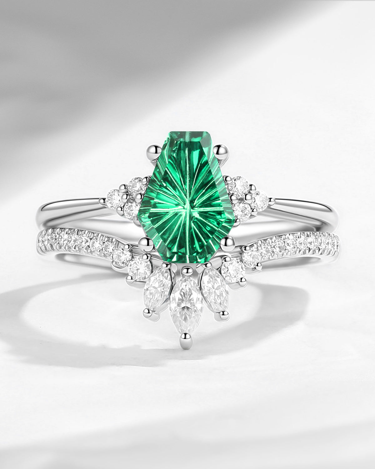 Firework Cut Coffin Lab Emerald Engagement Set 2pcs - White Dress