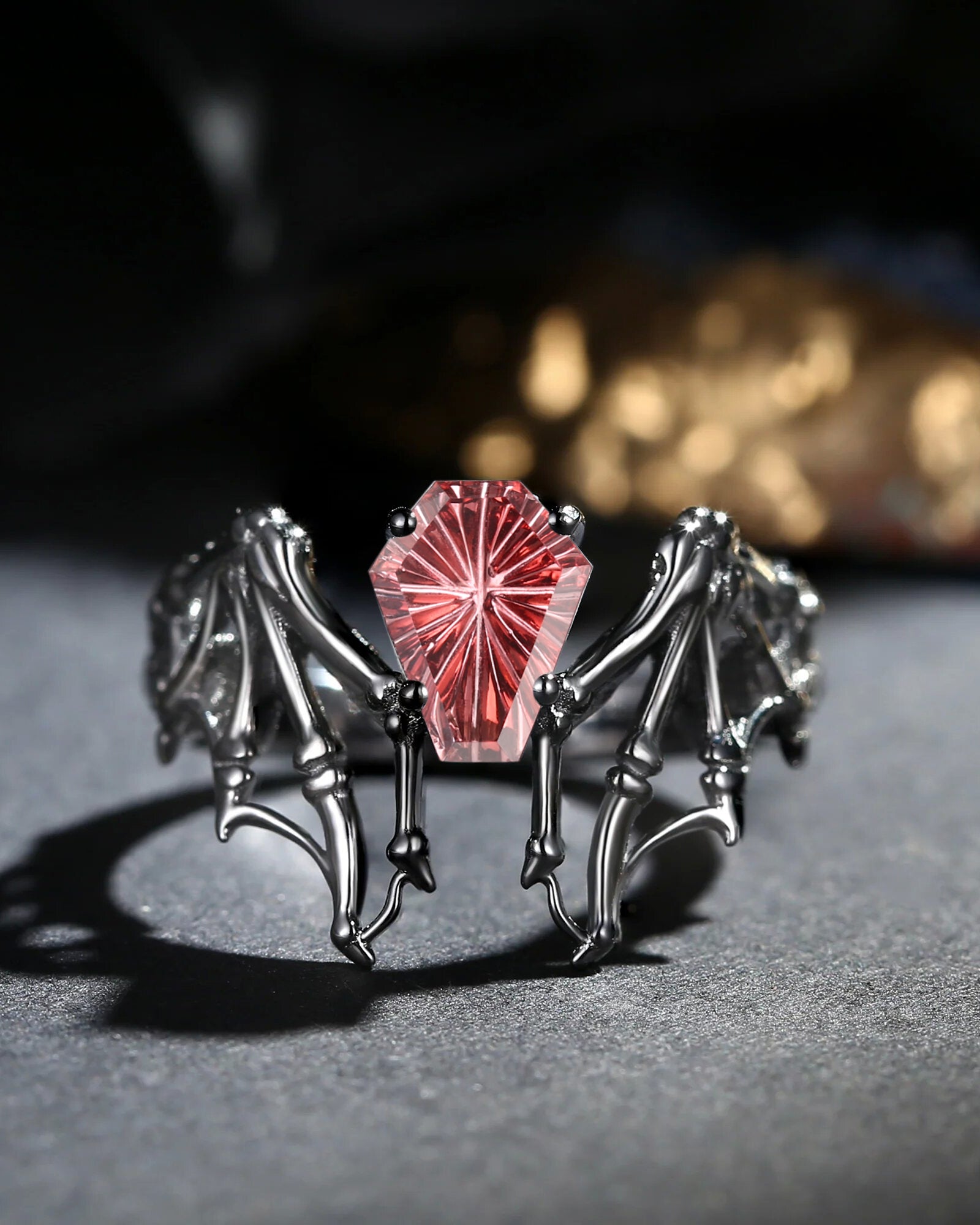 Firework Cut Garnet Coffin Cut Vintage Inspired Black Gold Engagement Ring - Bat Ring