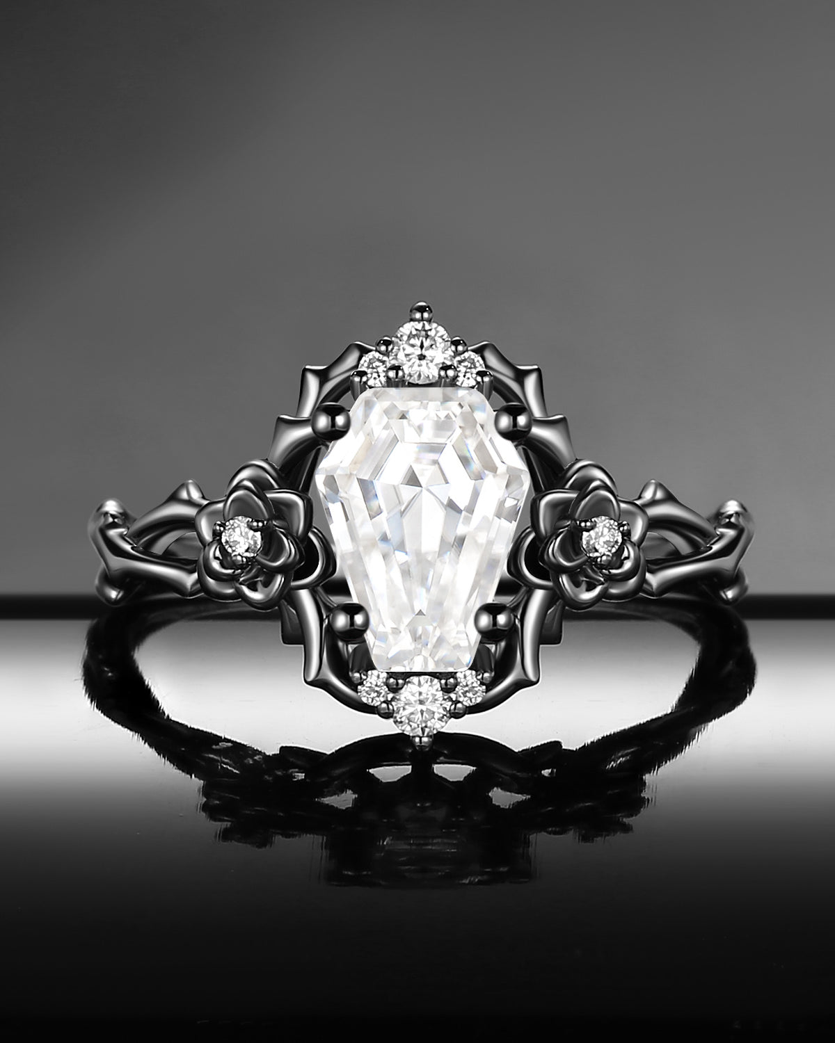 Garden Of Eden Nature Inspired ‘Thorns & Roses’ Gothic Coffin Cut Moissanite Black Gold Engagement Ring