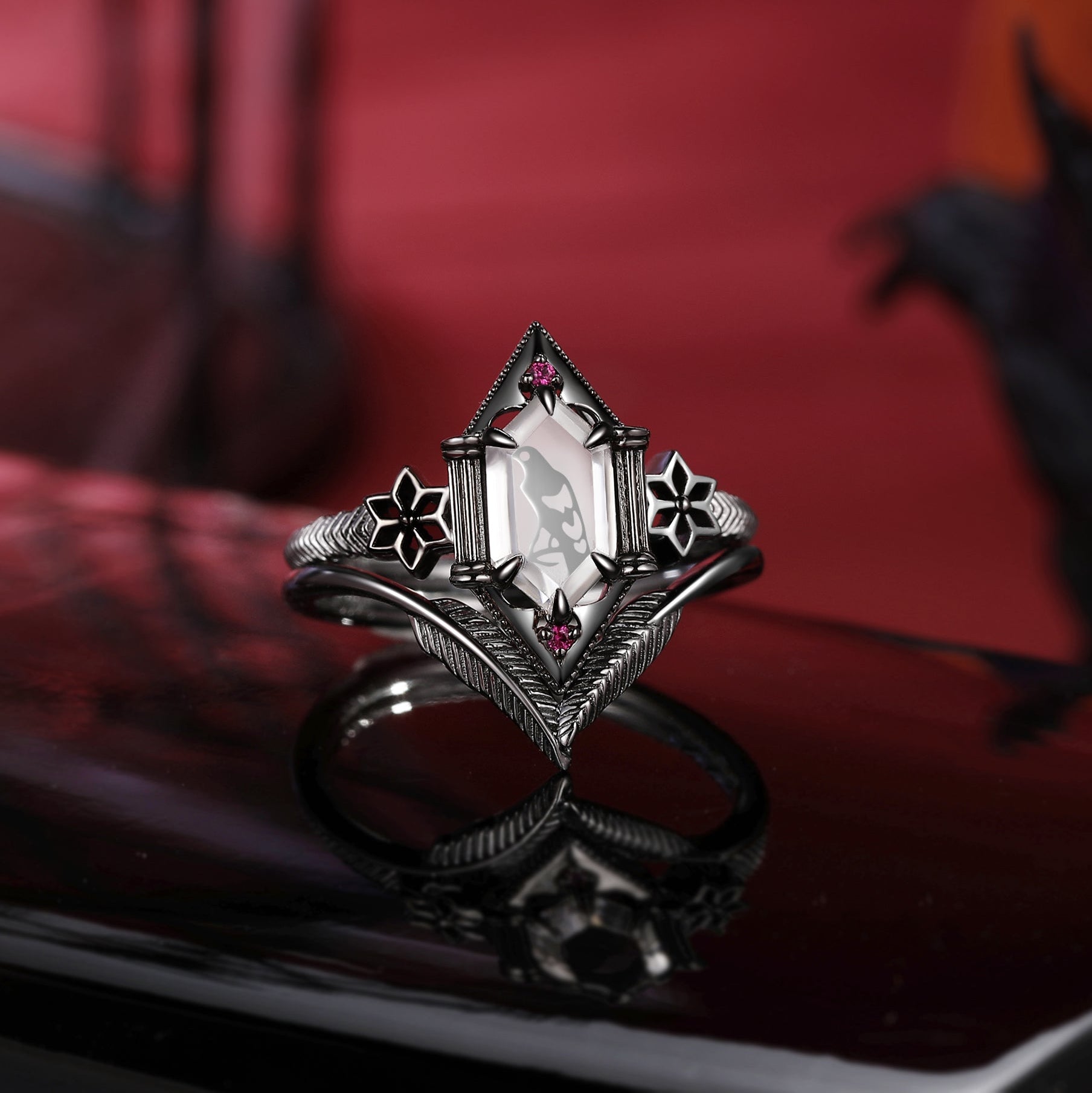 Gothic Style Long Hexagon Cut Moissanite Crow Inspired 'Caged Bird' Engagement Ring Halloween Bridal Sets 2pcs