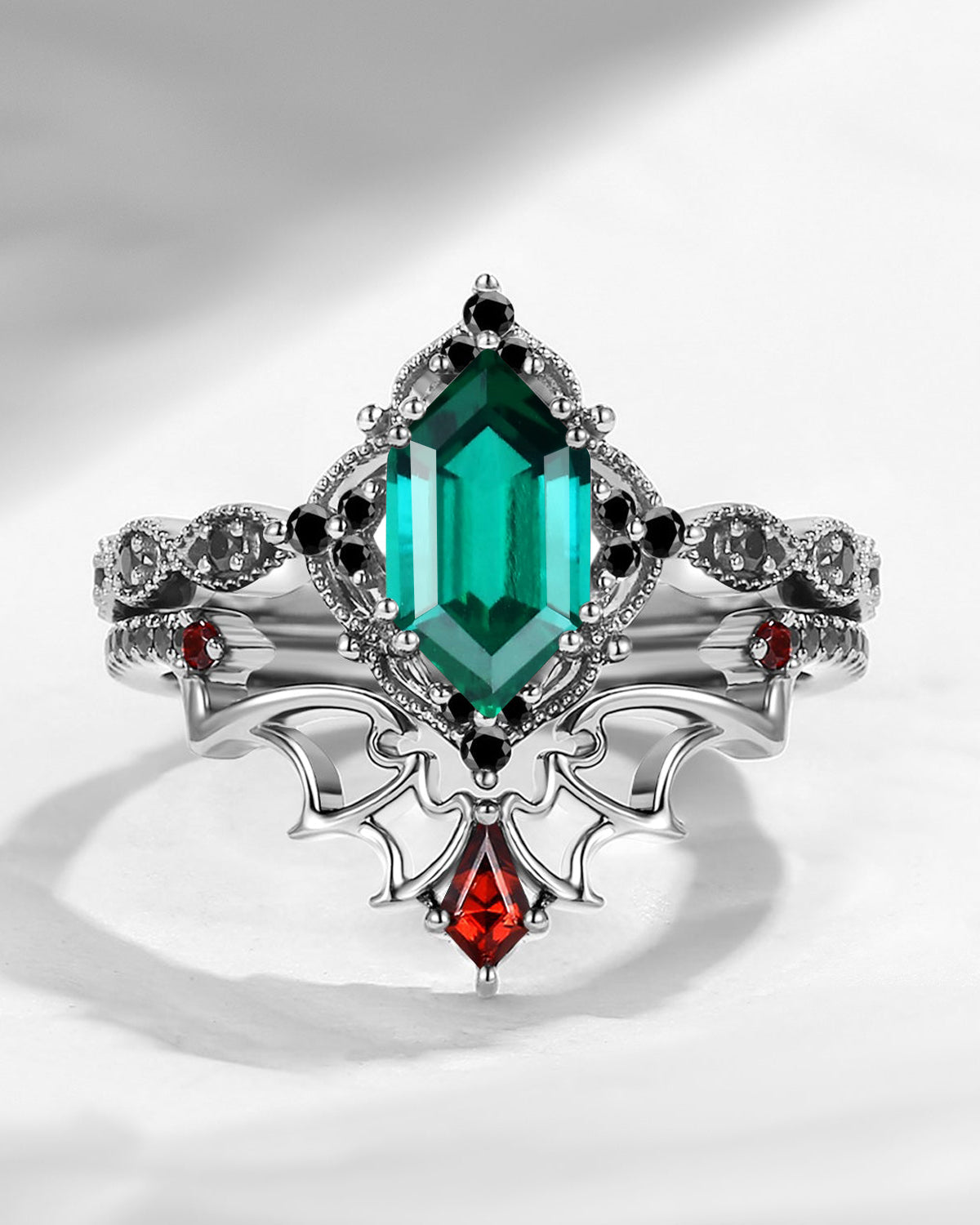 Gothic Bat Inspired Long Hexagon Cut Lab Emerald Engagement Ring Set 2pcs