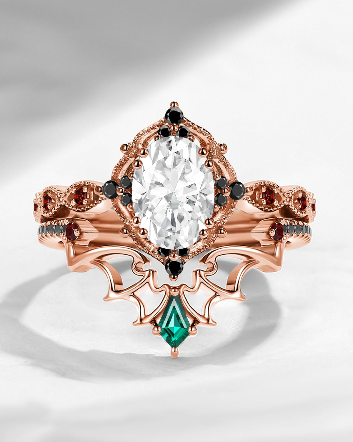 Gothic Bat Inspired Vintage Oval Cut Moissanite Engagement Ring Set 2pcs