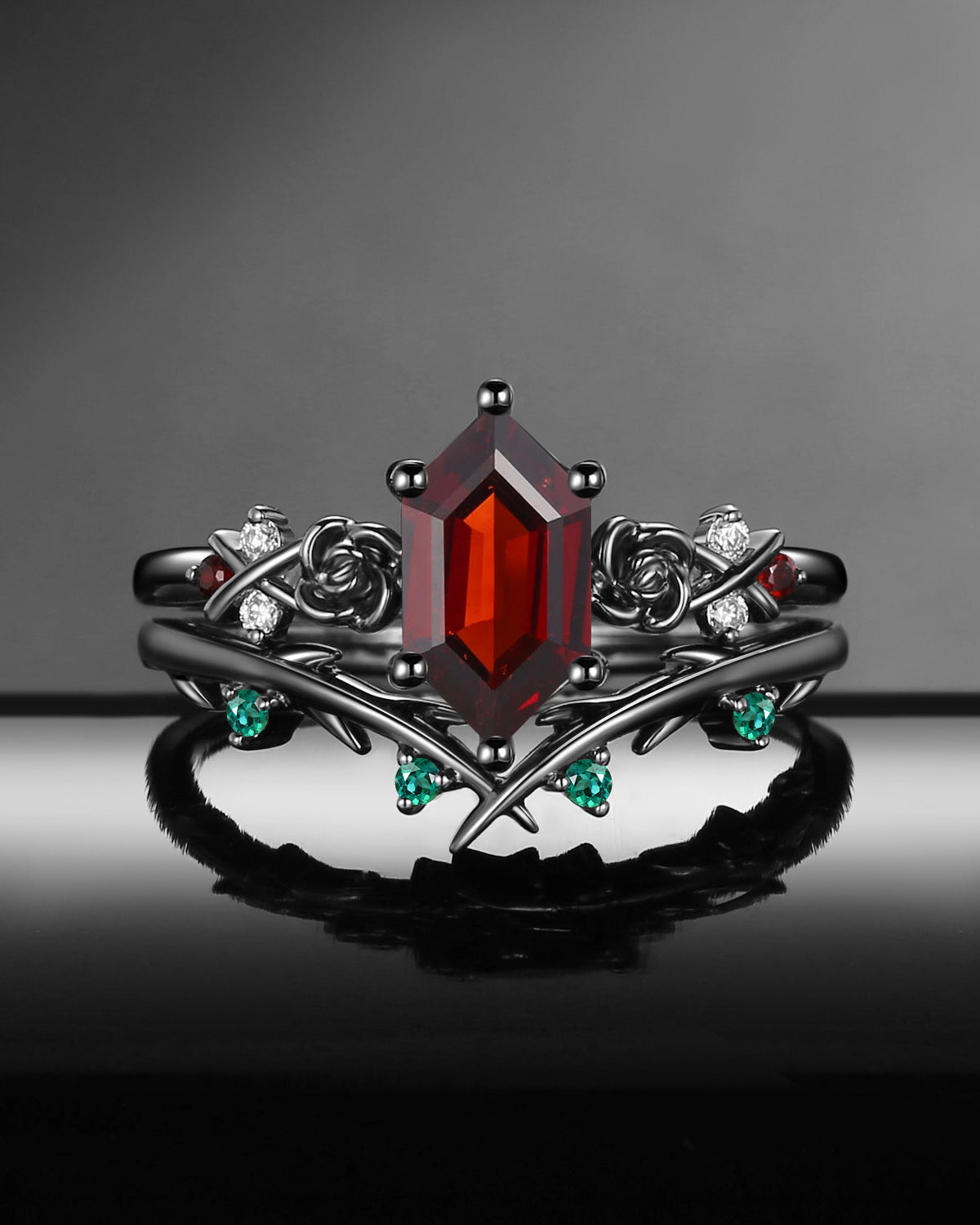 Gothic Nature Inspired Long Hexagon Garnet & Lab Emerald 'Thorns & Roses' Engagement Ring Set 2pcs