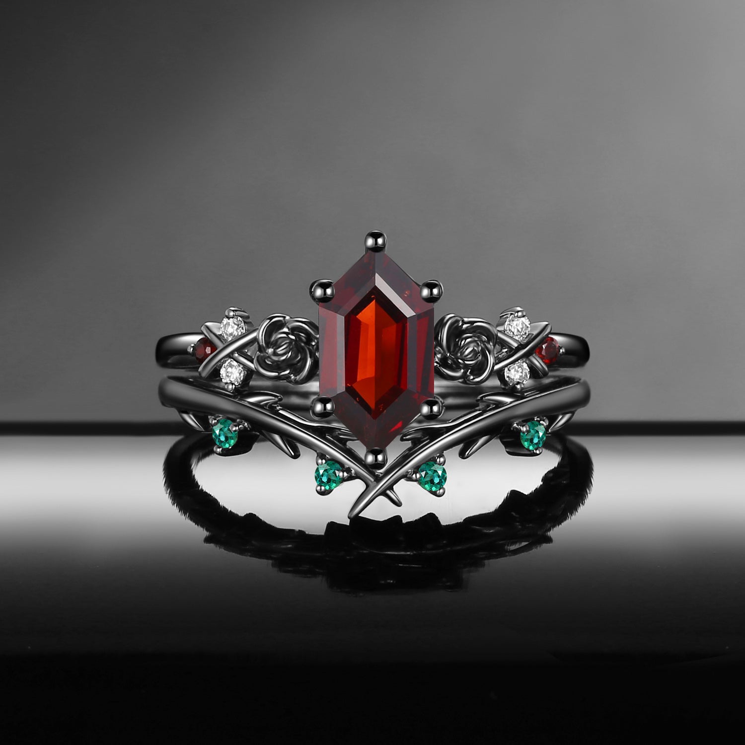 Gothic Nature Inspired Long Hexagon Garnet & Lab Emerald 'Thorns & Roses' Engagement Ring Set 2pcs