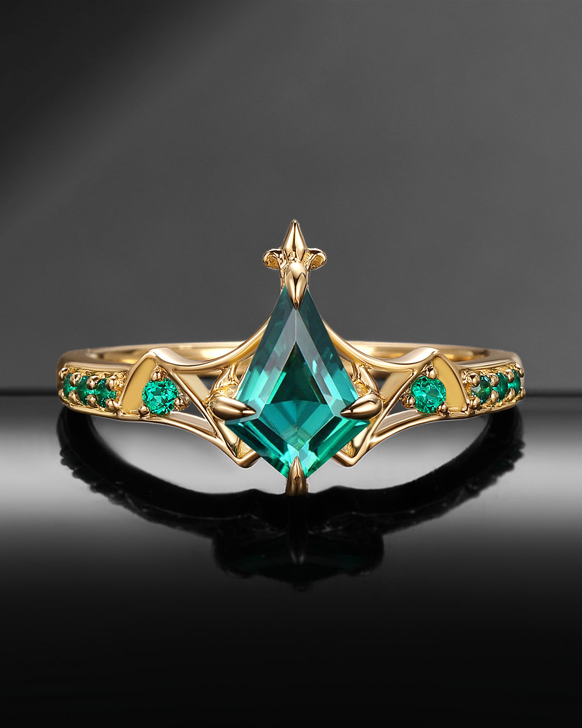 Gothic Bat Ring - Art Deco Kite Cut Lab Emerald Engagement Ring