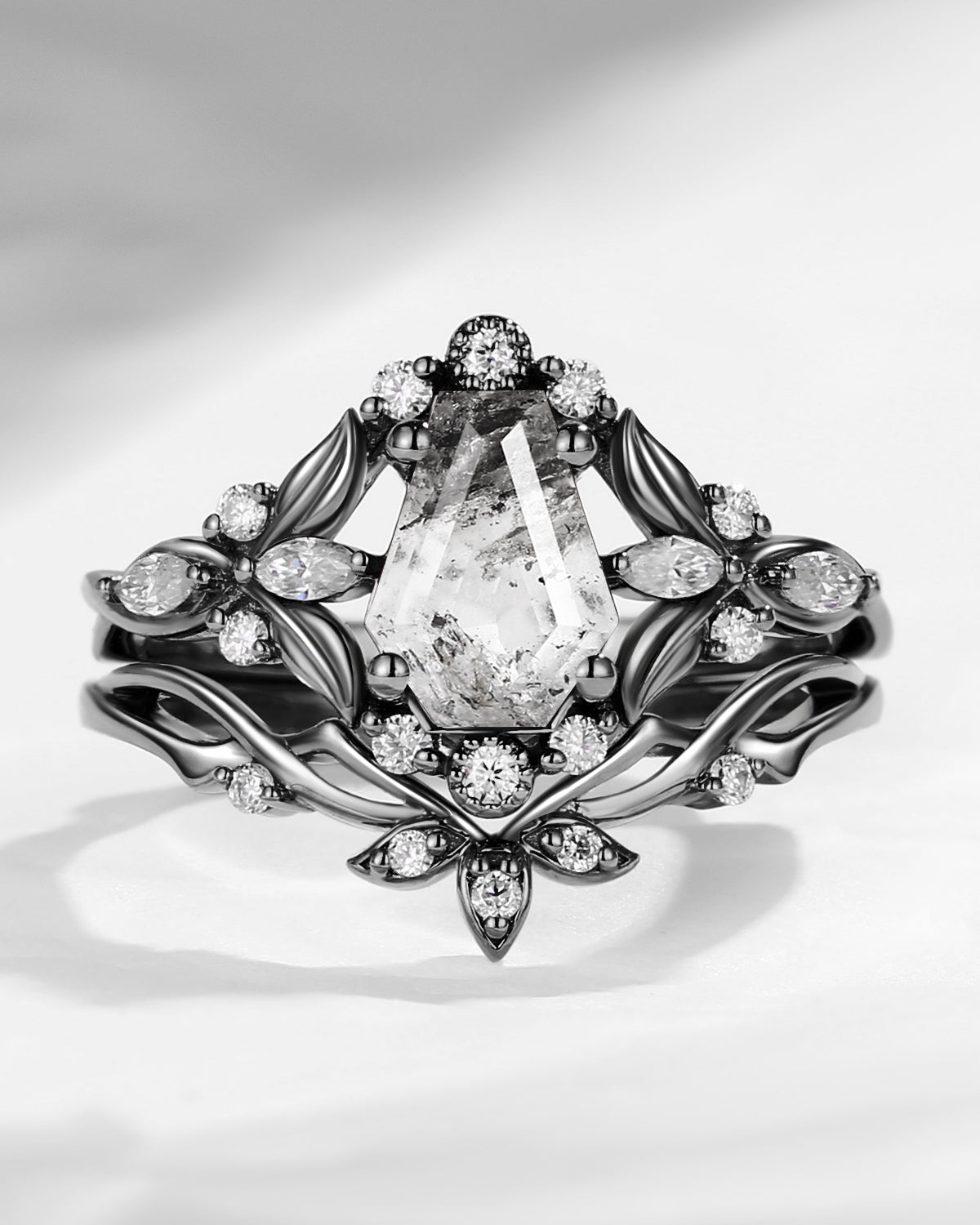 Gothic Coffin Cut Herkimer Diamond Nature Inspired Engagement Ring Set 2pcs