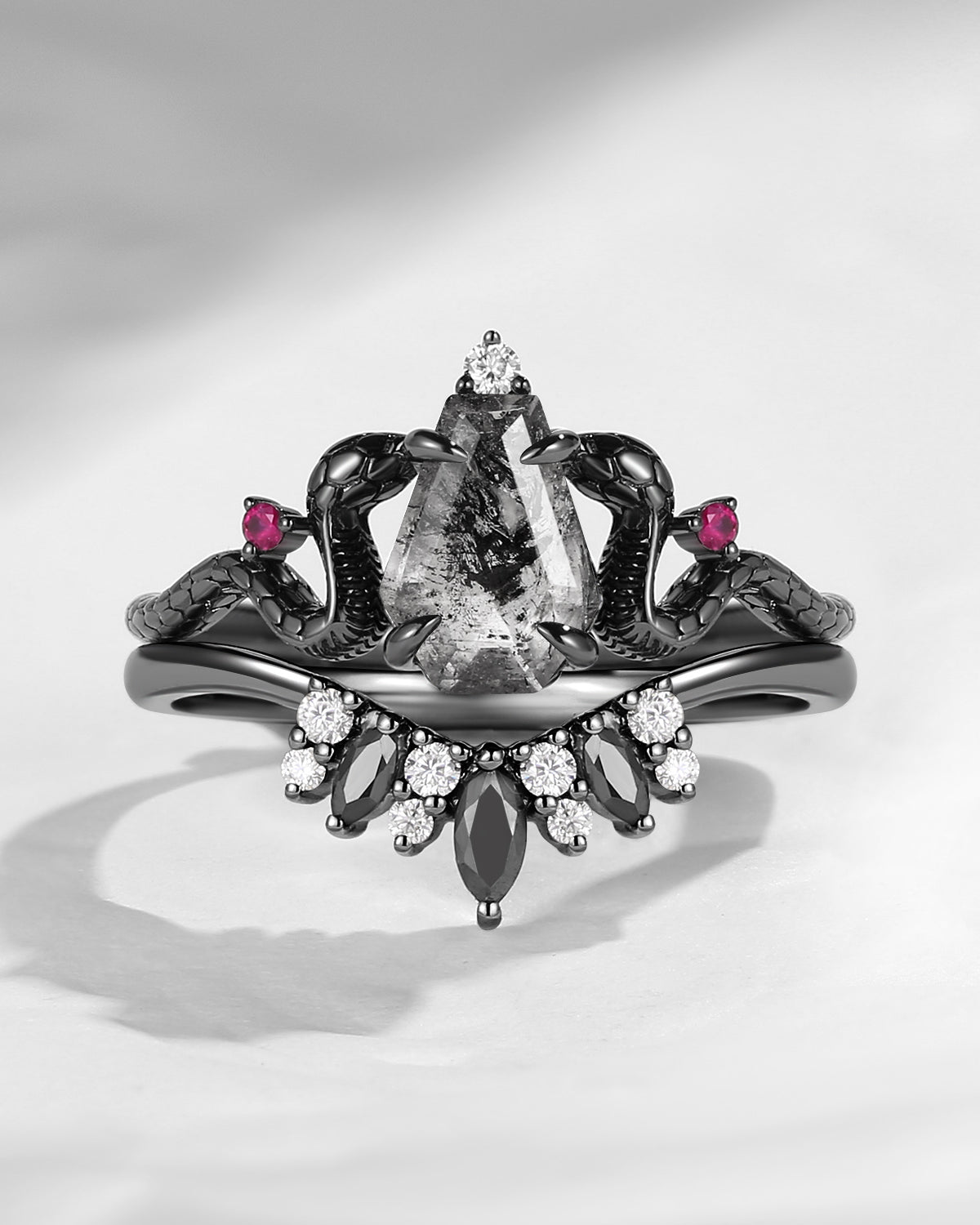 Gothic Coffin Cut Herkimer Diamond Snake Engagement Ring Set 2pcs - Serpent's Embrace