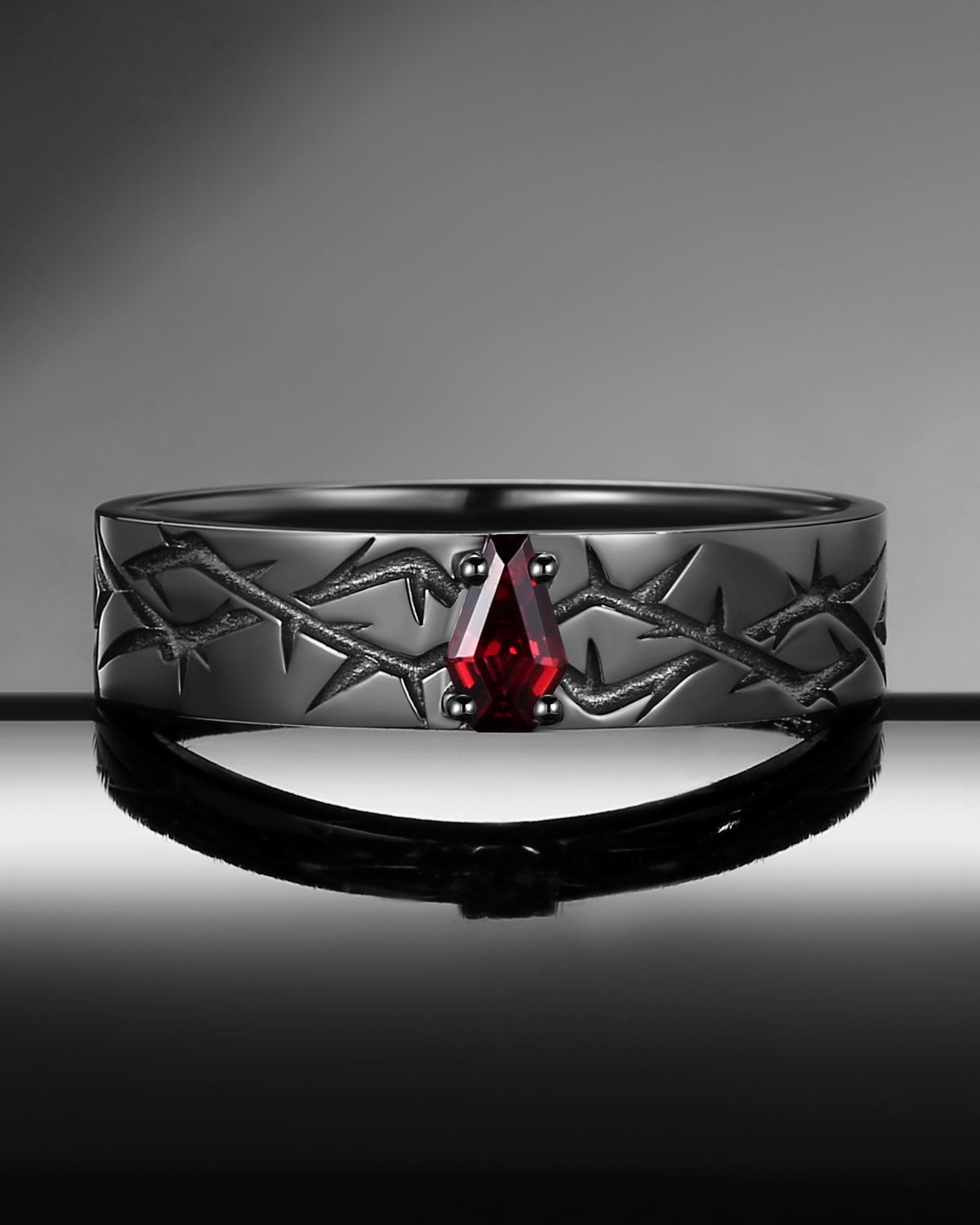 Gothic Inspired Coffin Cut Garnet 'Thorns & Roses' Filigree Wedding Band