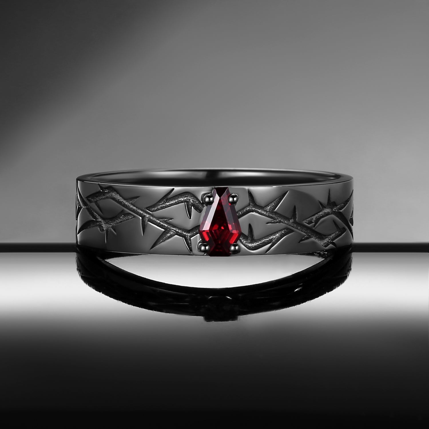 Gothic Inspired Coffin Cut Garnet 'Thorns & Roses' Filigree Wedding Band