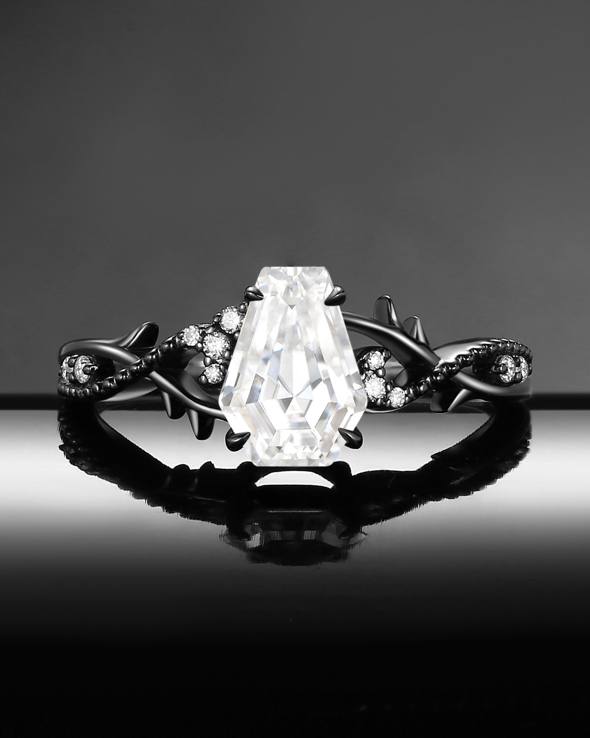 Gothic Inspired Coffin Cut Moissanite Black Gold Vines & Thorns Engagement Ring