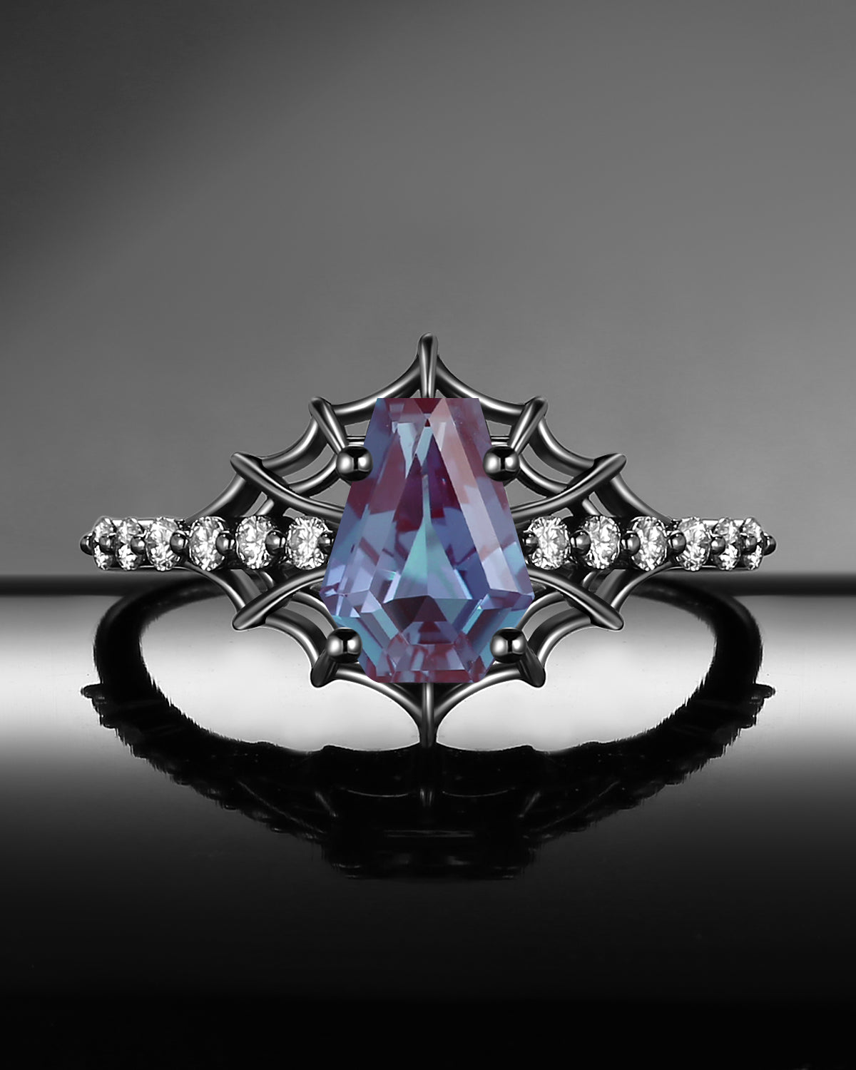 Gothic Inspired Coffin Lab Alexandrite Spider Web Black Gold Engagement Ring