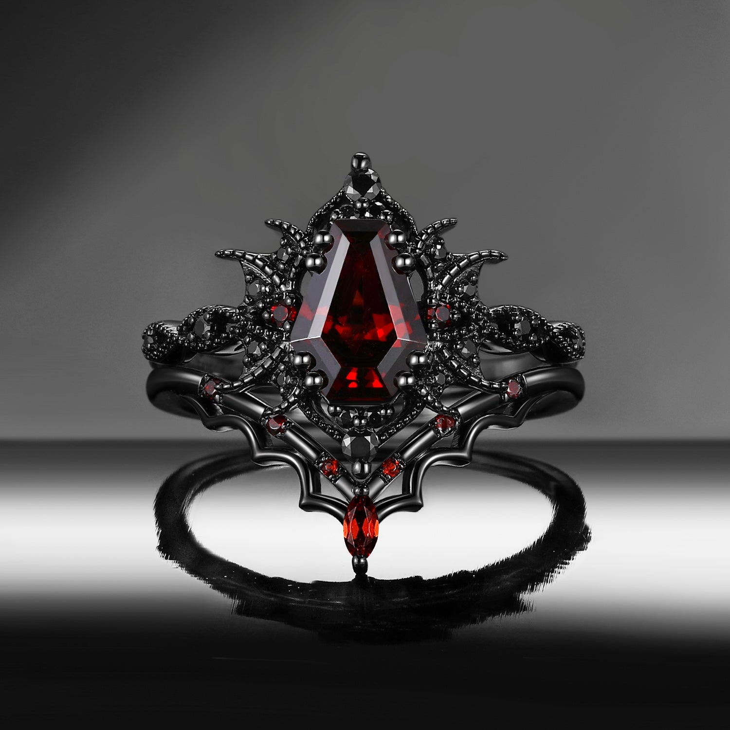 Gothic Inspired Coffin Shaped Garnet Black Gold Milgrain Engagement Ring Set 2pcs - Bat Romance