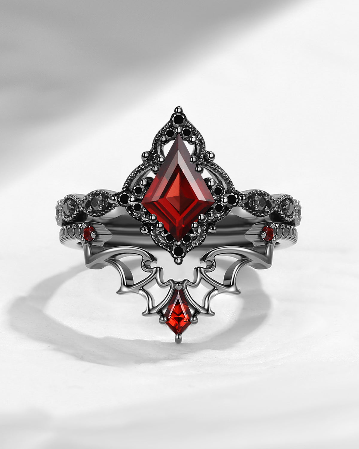 Gothic Inspired 'Dark Romance' Kite Cut Garnet Black Gold Engagement Ring Set 2pcs