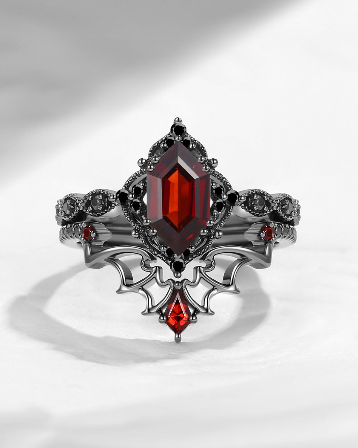 Gothic Inspired 'Dark Romance' Long Hexagon Cut Garnet Black Gold Engagement Ring Set 2pcs