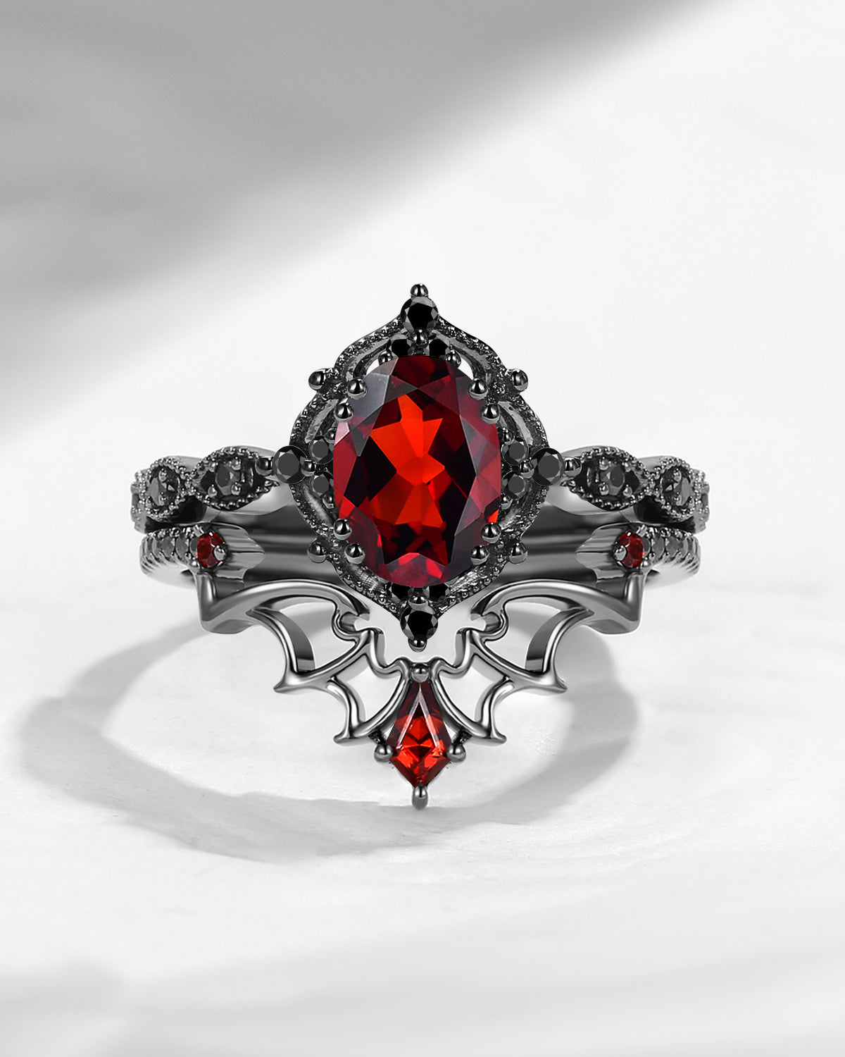 Gothic Inspired 'Dark Romance' Oval Cut Garnet Black Gold Engagement Ring Set 2pcs