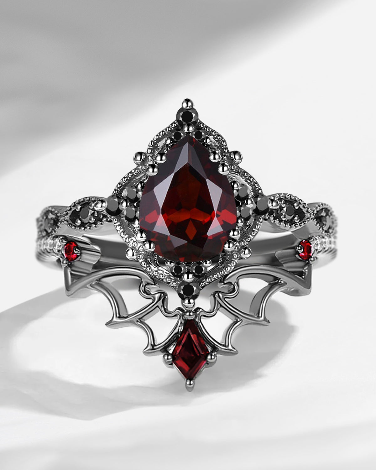 Gothic Inspired 'Dark Romance' Pear Cut Garnet Black Gold Engagement Ring Set 2pcs