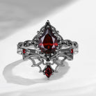 Gothic Inspired 'Dark Romance' Pear Cut Garnet Black Gold Engagement Ring Set 2pcs